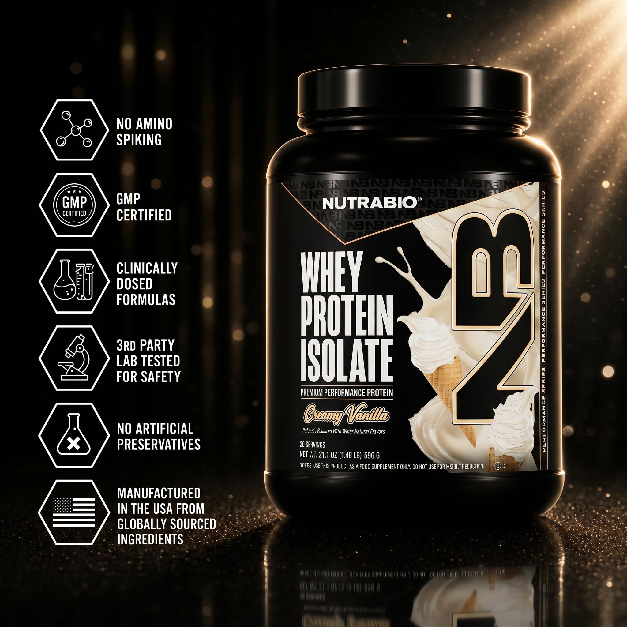 NutraBio 100% Whey Protein Isolate Protein Powder, 25g Protein with Complete Amino Acid Profile, Non-GMO, Soy & Gluten Free, Low Carb, Low Calorie Whey Protein Powder, Creamy Vanilla, 20 Servings
