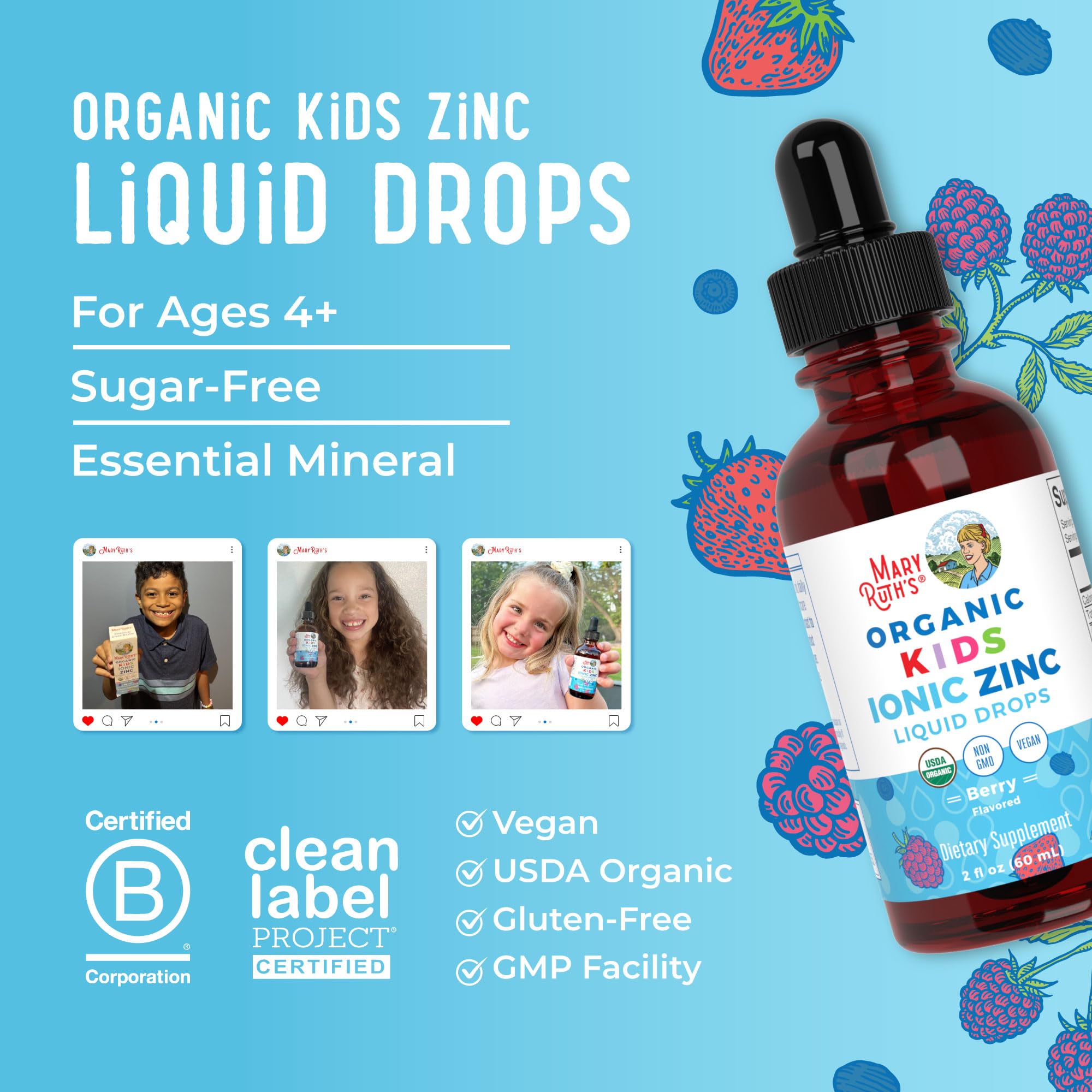 MaryRuth's USDA Organic Kids Ionic Zinc Liquid Drops, Berry, 2 oz