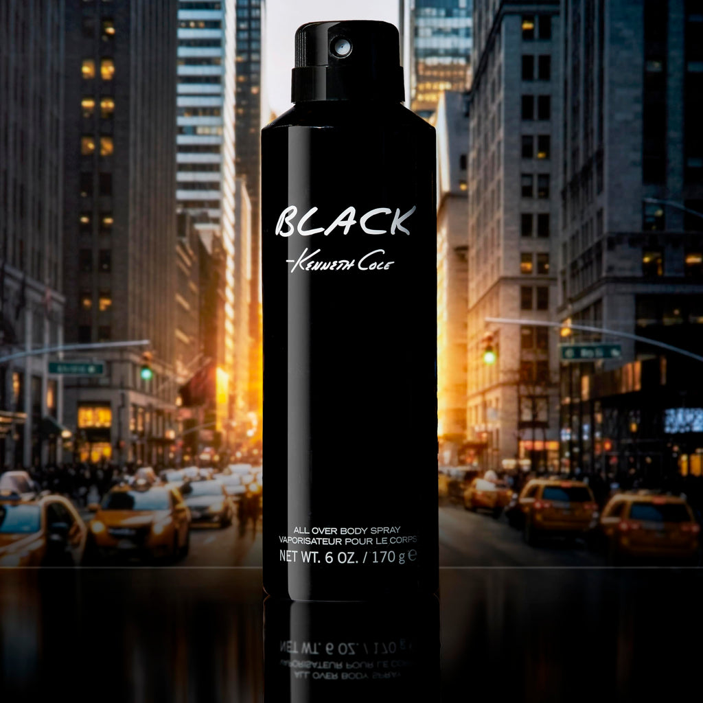 Kenneth Cole Black All Over Body Spray for Men, Aromatic Woody Fragrance, Notes of Watermint, Mandarin, Cedar, and Musk, Long-Lasting Cologne, 6.0 Fl. Oz