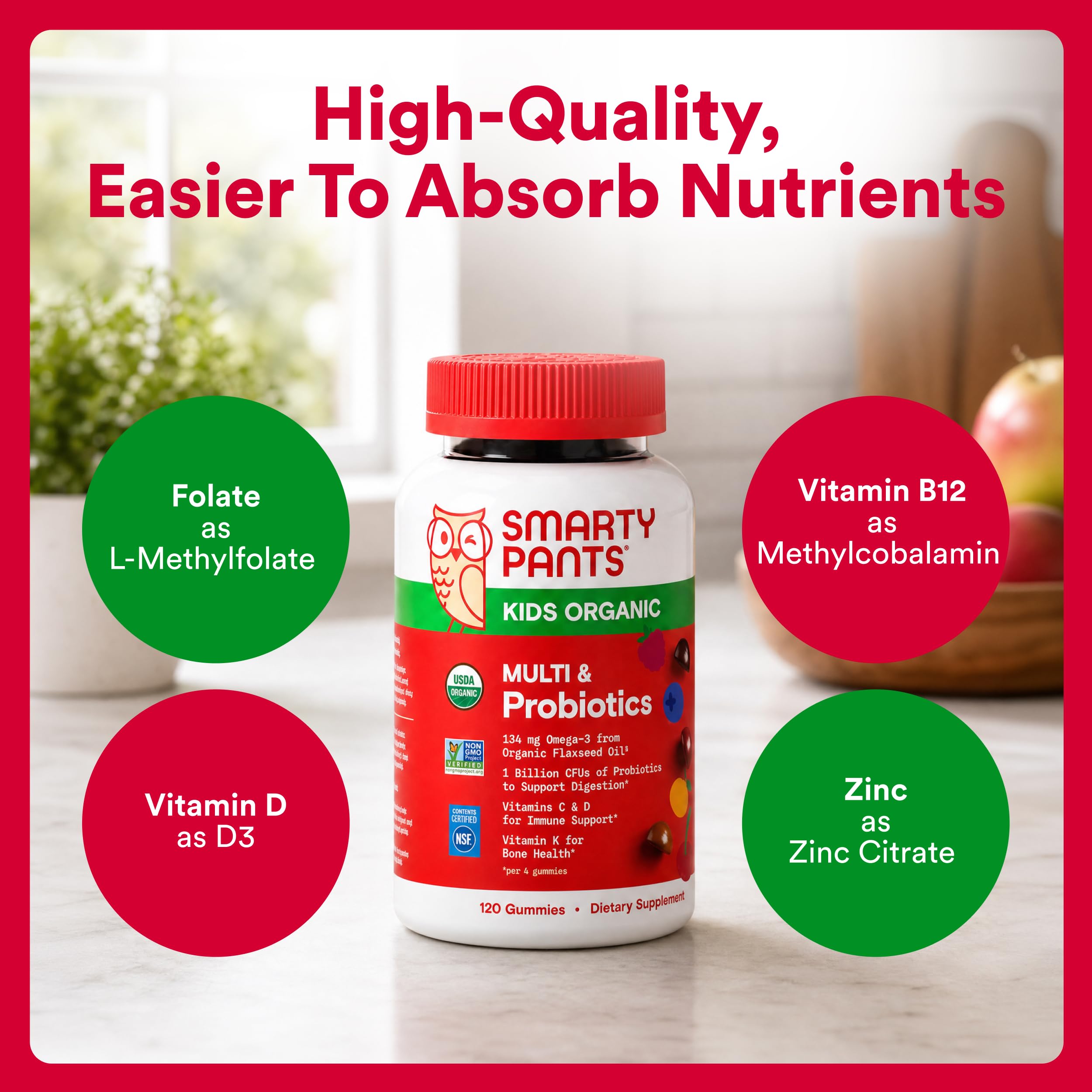 SmartyPants Organic Kids Multivitamin Gummies: Probiotics, Omega 3 (ALA), Vitamin D3, C, Vitamin B12, B6, A, K & Zinc for Immune Support, Biotin, Three Fruit Flavors, 120 Count (30 Day Supply)