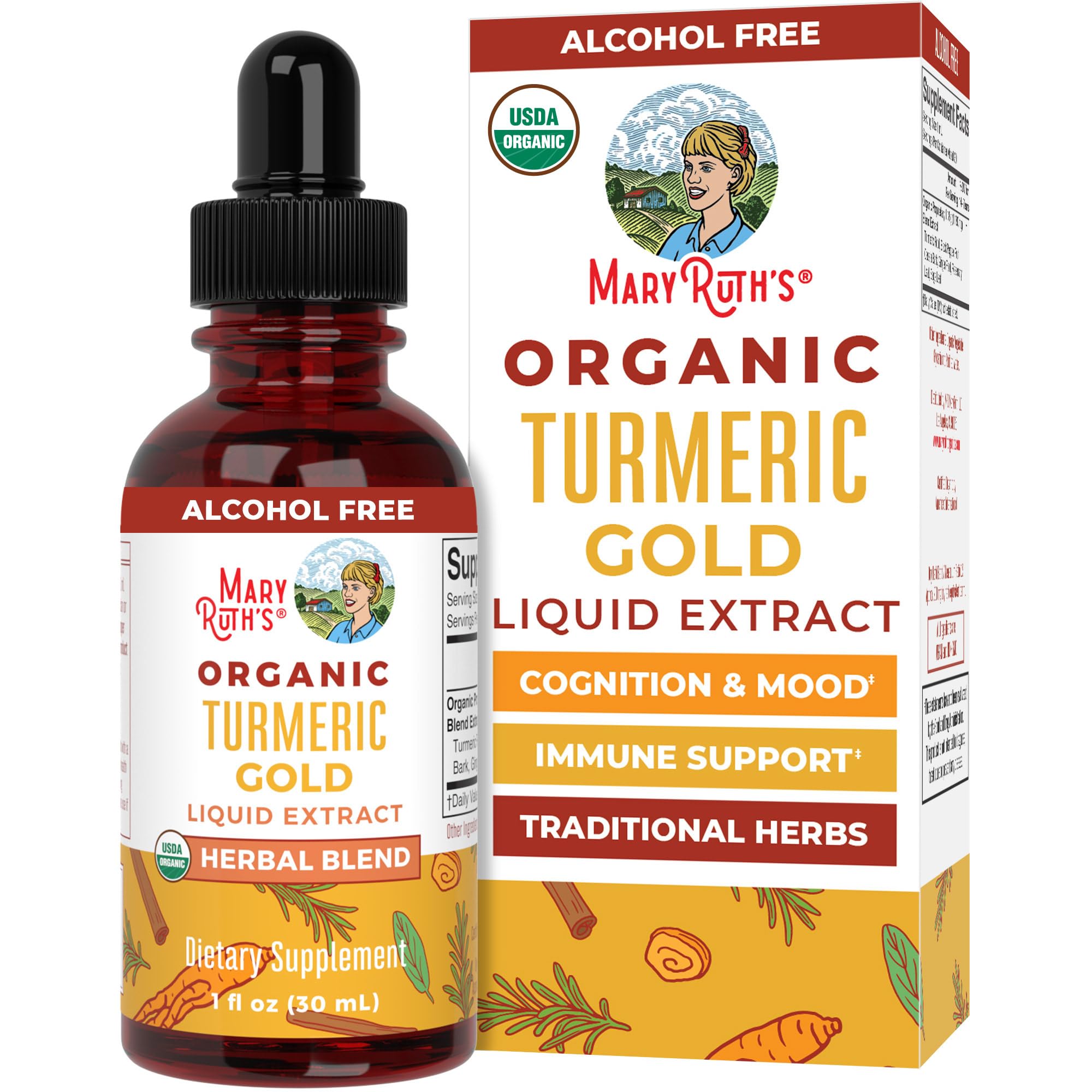 MARYRUTH'S USDA Organic Turmeric Gold Herbal Liquid Drops, Unflavored, 1 oz