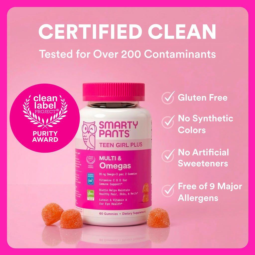 SmartyPants Teen Girl Multivitamin Gummies, Omega 3 (DHA/EPA), Vitamin C, D3, B12, Vitamin A, K & Zinc, Biotin to Support Hair, Skin & Nails, Gluten Free, 60 Count (30 Day Supply)