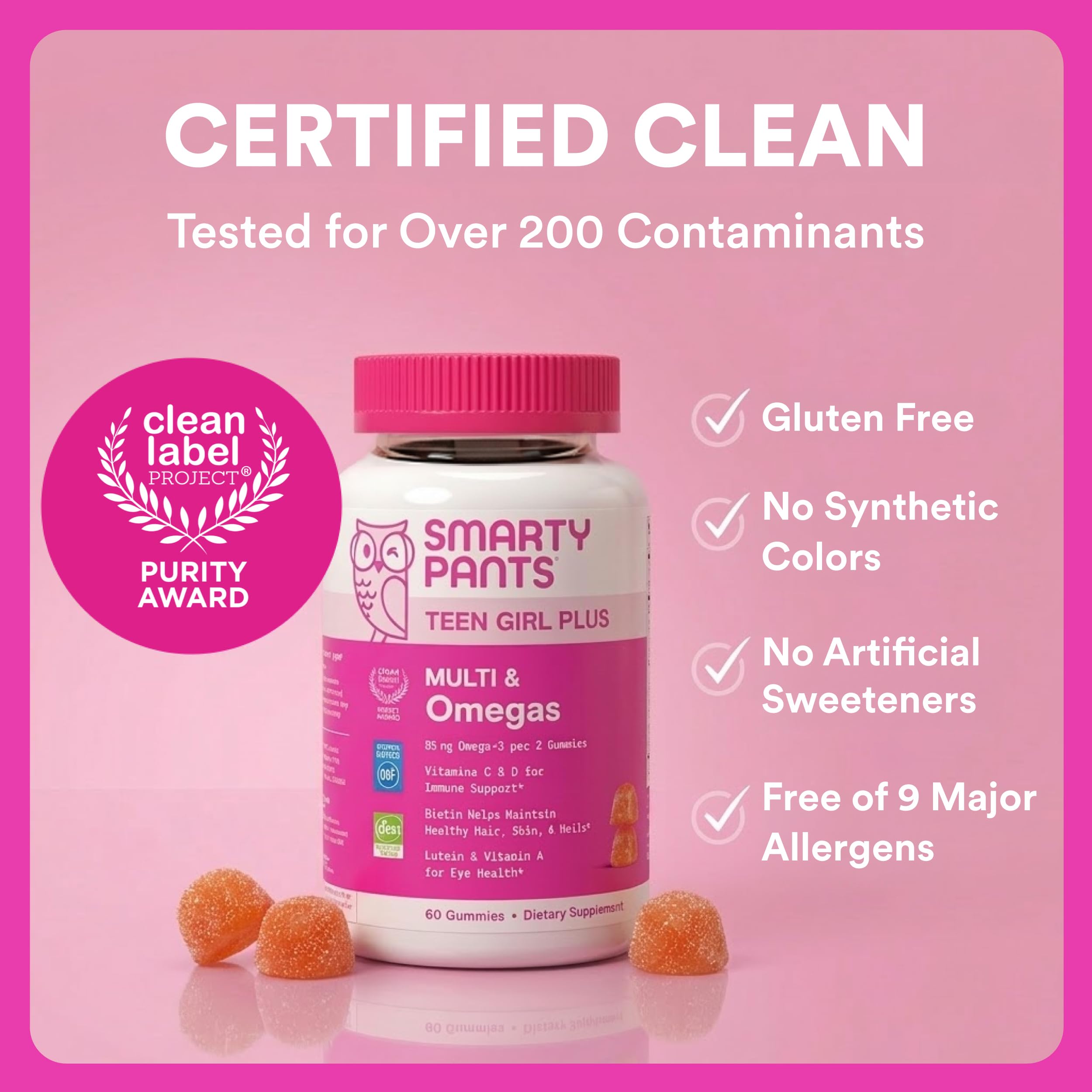 SmartyPants Teen Girl Multivitamin Gummies, Omega 3 (DHA/EPA), Vitamin C, D3, B12, Vitamin A, K & Zinc, Biotin to Support Hair, Skin & Nails, Gluten Free, 60 Count (30 Day Supply)