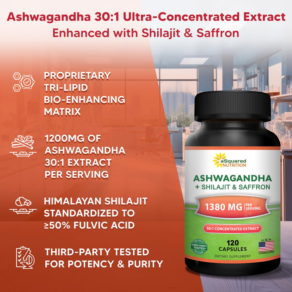 aSquared Nutrition Ashwagandha Supplements for Men & Women + Shilajit & Saffron - 120 Capsules - Pure Root Powder Complex - Pills Alternative to Gummies & Drops