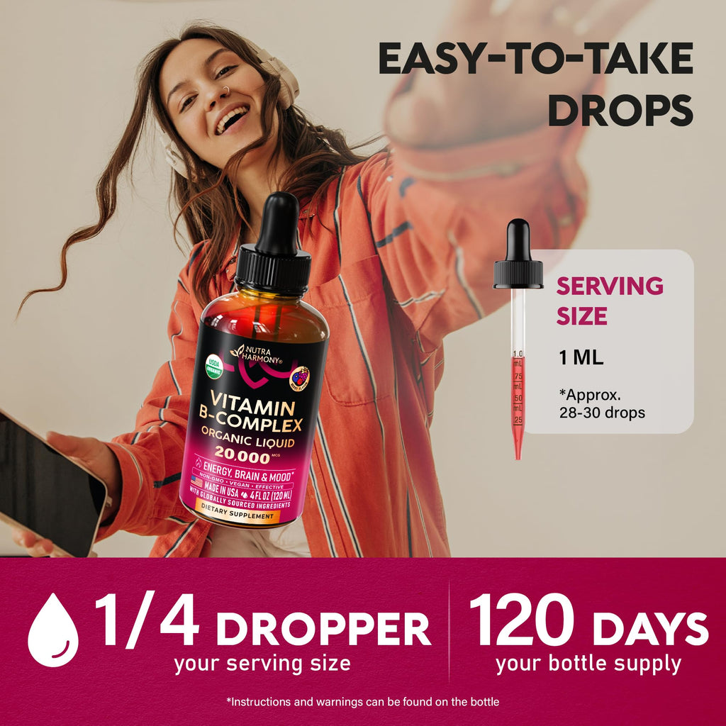 USDA Organic Vitamin B-Complex B5 Pantothenic Acid | B12 Methylcobalamin | B1 Thiamine | B6 Pyridoxine | B7 Biotin | B9 Folic | B3 Niacinamide - B Complex Liquid Drops, Natural Berry Flavor, 4fl oz