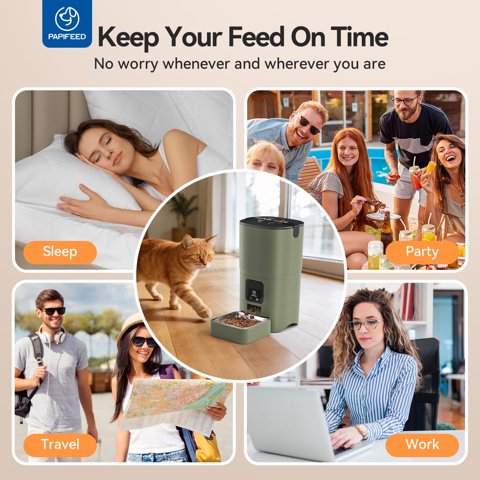 PAPIFEED Automatic Cat Feeder with App, 2.4G WiFi Cat Food Dispenser, 6L Timed Cat Feeders for Dry Food, 10 Meals/Day, 12 Portions/Meal, Dual Power Supply Smart Pet Feeder for Small Dog, Army Green