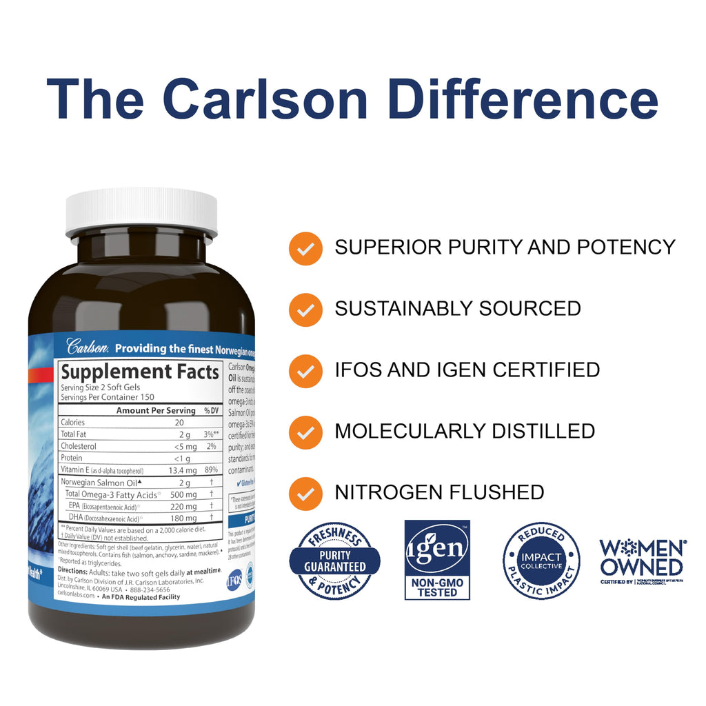 Carlson Salmon Oil, 500 mg, Omega-3s, Sustainably Sourced, 300 Softgels