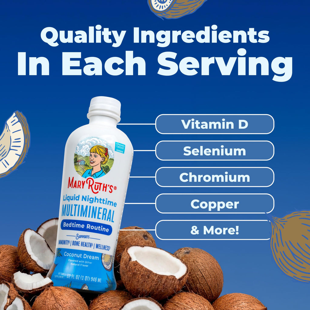 MaryRuth's Liquid Nighttime Multimineral | NO Melatonin | Bedtime Routine | Magnesium Citrate | Calcium | Zinc | Vitamin D3 | Available in 4 Flavors | Vegan | Sugar Free | Gluten Free | 32 Oz