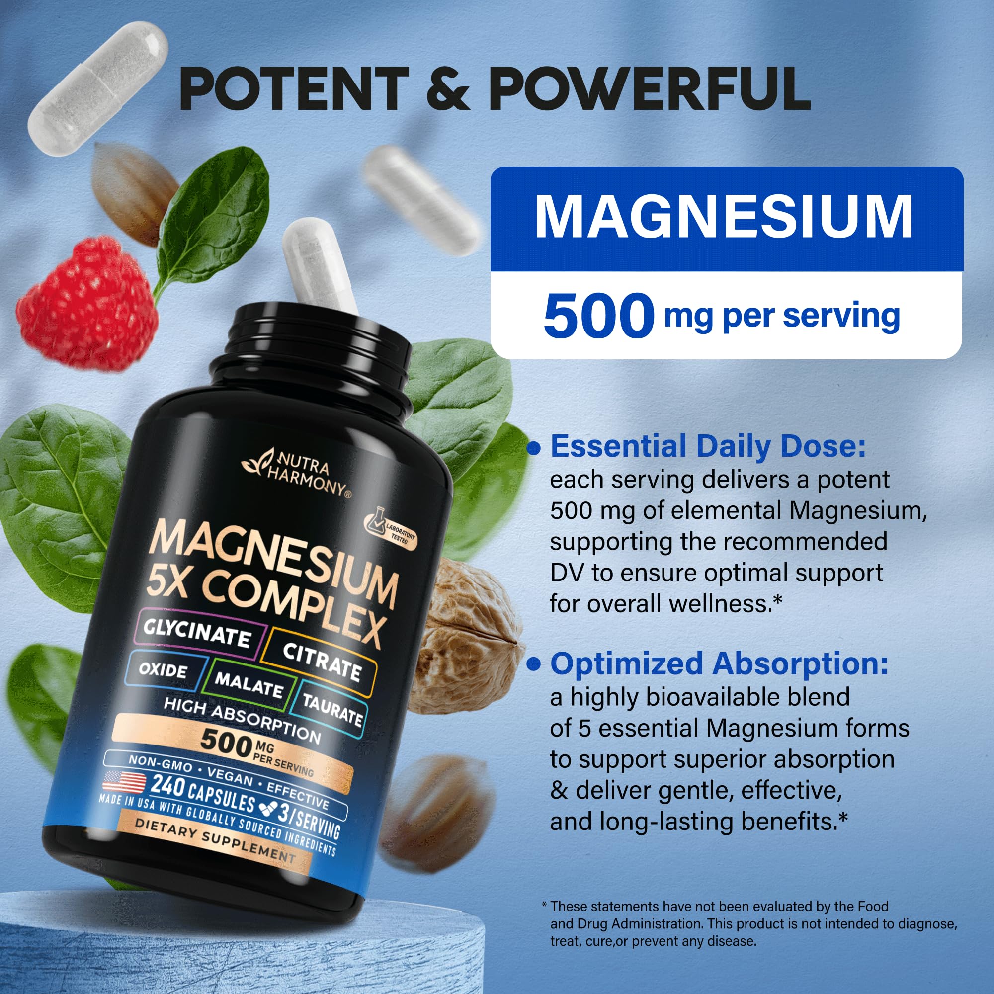 Magnesium Supplement - 5 in 1 Complex | Glycinate | Citrate | Malate | Taurate | Oxide - for Women & Men - Stress, Muscle & Heart Support - Lab Tested - Vegan, Natural, Non-GMO - 240 Capsules