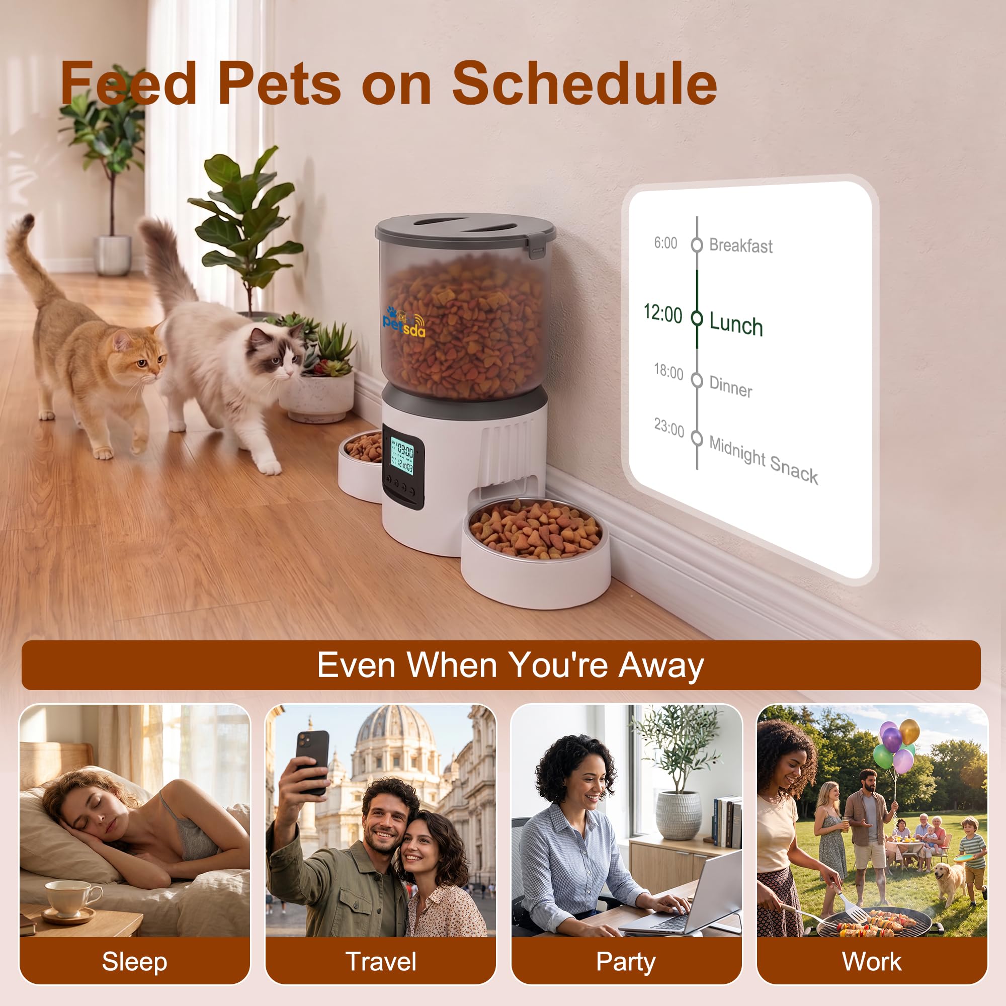 Automatic Cat Feeder for 2 Cats 4L Timed Cat Dry Food Dispenser Double Bowl Auto Pet Feeder and Small Dogs Dual Power Supply 9 Meals Programmable 1-15 Portion Per Day with Stainless Bowl Easy Clean