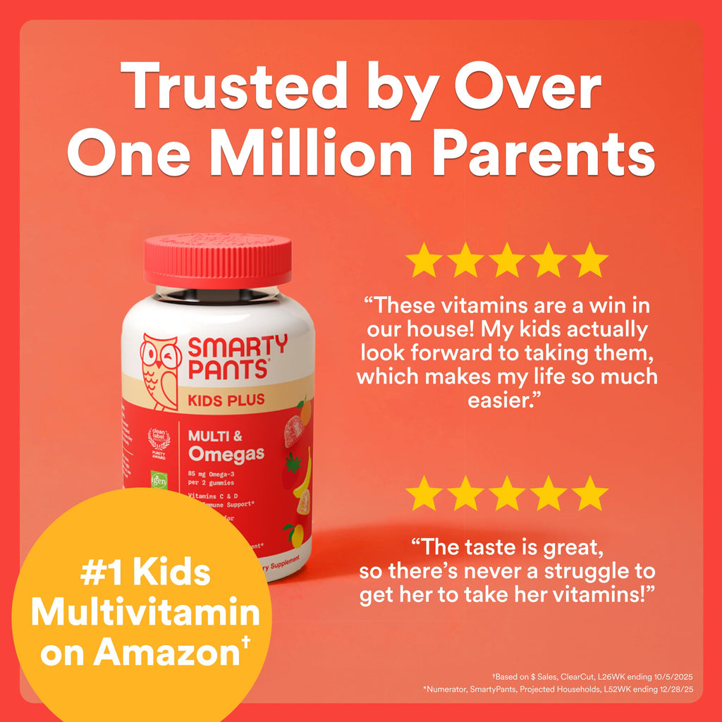 SmartyPants Kids Multivitamin Gummies, Omega 3 (DHA/EPA), Vitamins D3, C, B12, B6, Vitamin A, K & Zinc, Gluten Free, Three Fruit Flavors, 80 Count (40 Day Supply)