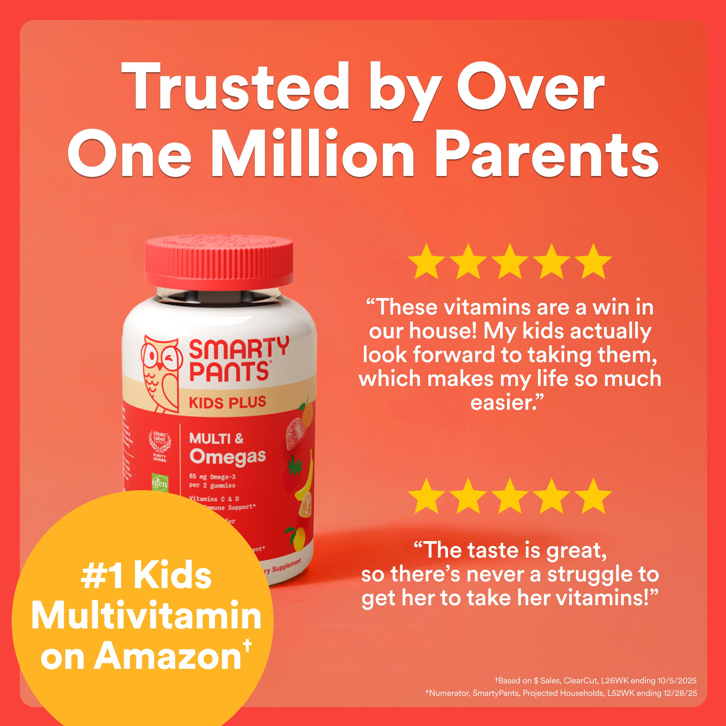 SmartyPants Kids Multivitamin Gummies, Omega 3 (DHA/EPA), Vitamins D3, C, B12, B6, Vitamin A, K & Zinc, Gluten Free, Three Fruit Flavors, 80 Count (40 Day Supply)