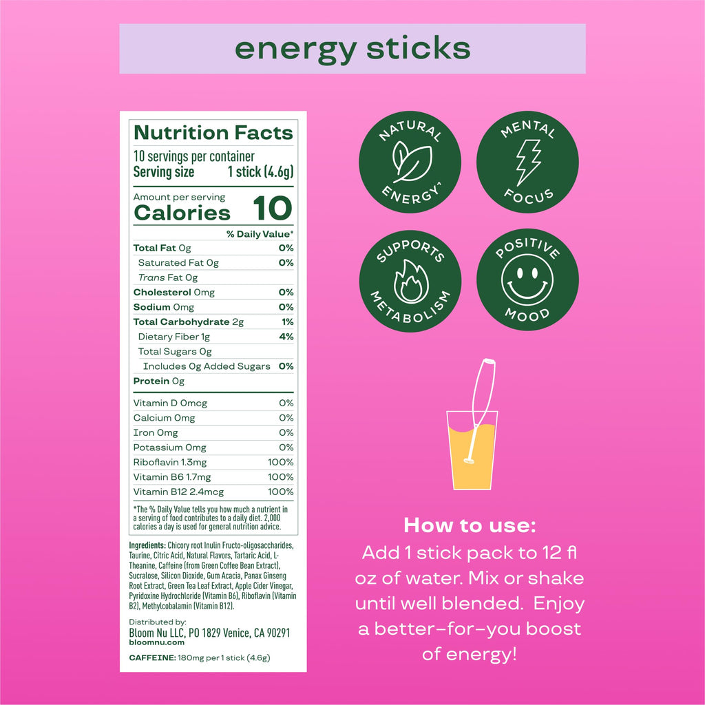 Bloom Nutrition Energy Drink Powder Packets, Sugar Free Energy Drink Mix with L-Theanine, B Vitamins & Natural Caffeine, On the Go Powder Sticks for Natural Energy, 10 Calories (10 Pouches (Pack of 1), Raspberry Lemonade)