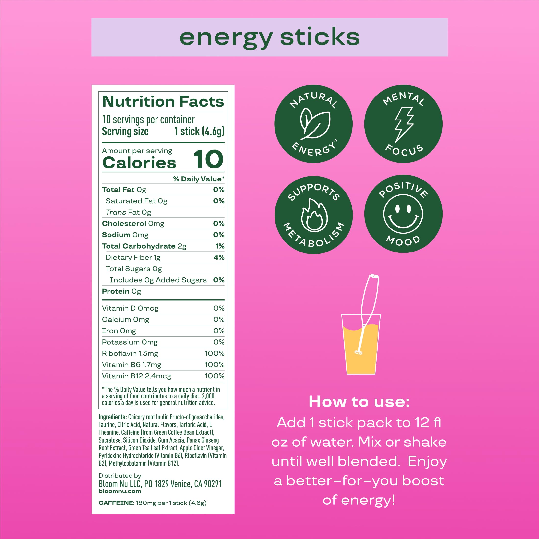 Bloom Nutrition Energy Drink Powder Packets, Sugar Free Energy Drink Mix with L-Theanine, B Vitamins & Natural Caffeine, On the Go Powder Sticks for Natural Energy, 10 Calories (10 Pouches (Pack of 1), Raspberry Lemonade)