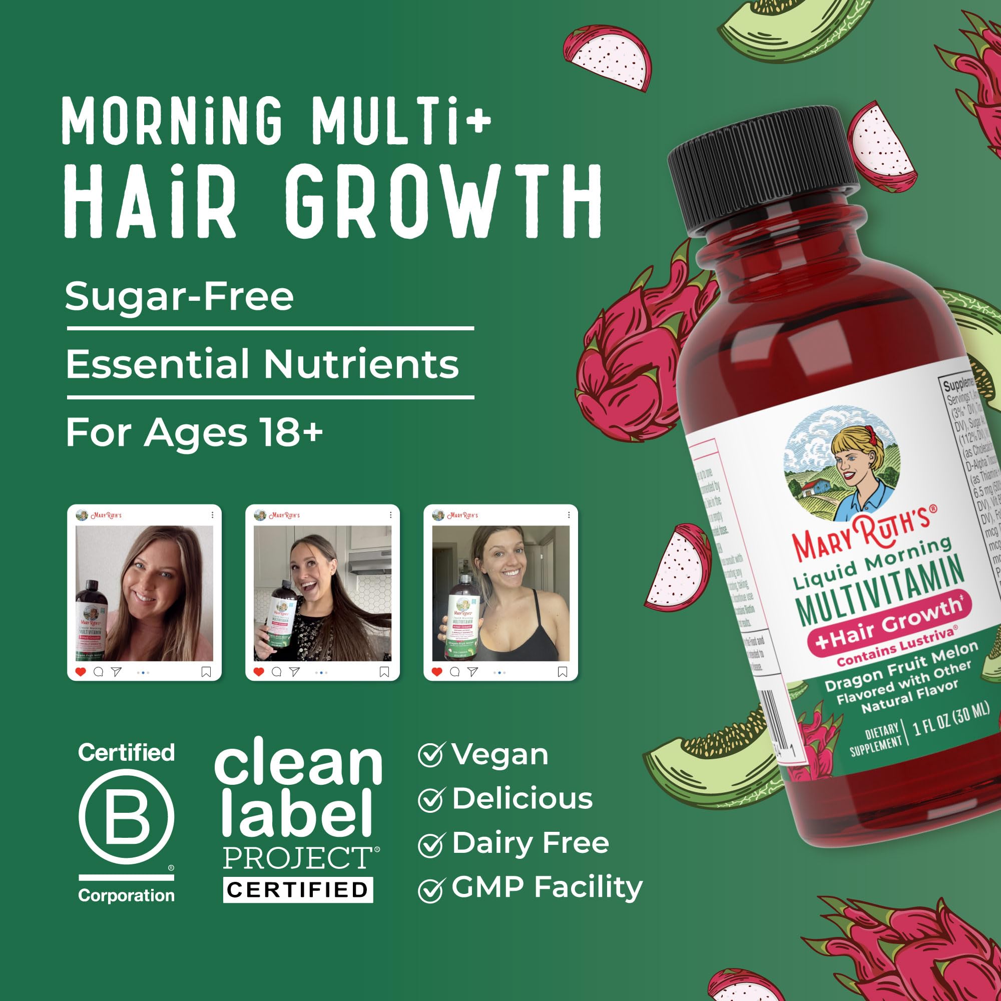 MARYRUTH'S Liquid Multivitamin + Hair Growth Travel Pack, 1 Fl Oz, 8 Pack