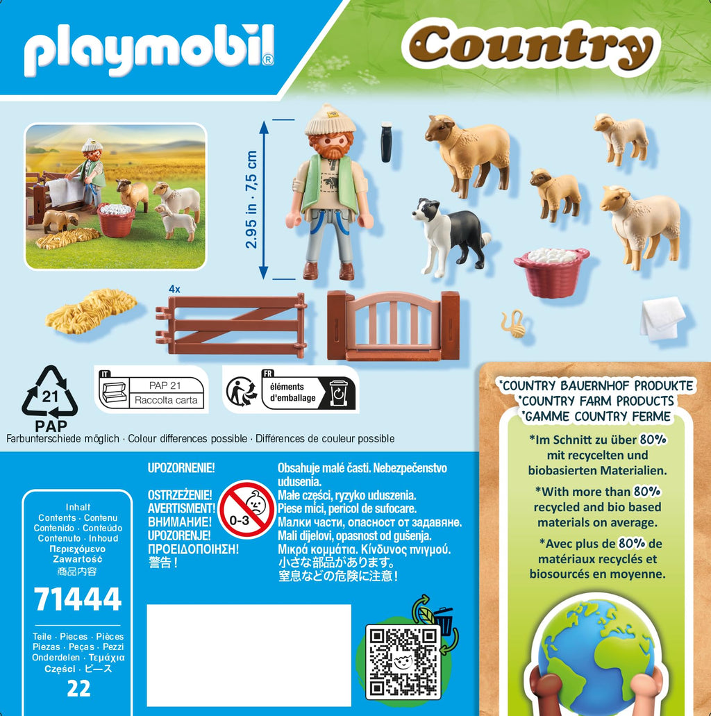 Playmobil 71444 Shepherd with Sheep - Country - with 5 Animals and 1 Character - Toy made with More than 80% recycled or bio-sourced materials on average. Suitable for ages 4 and up
