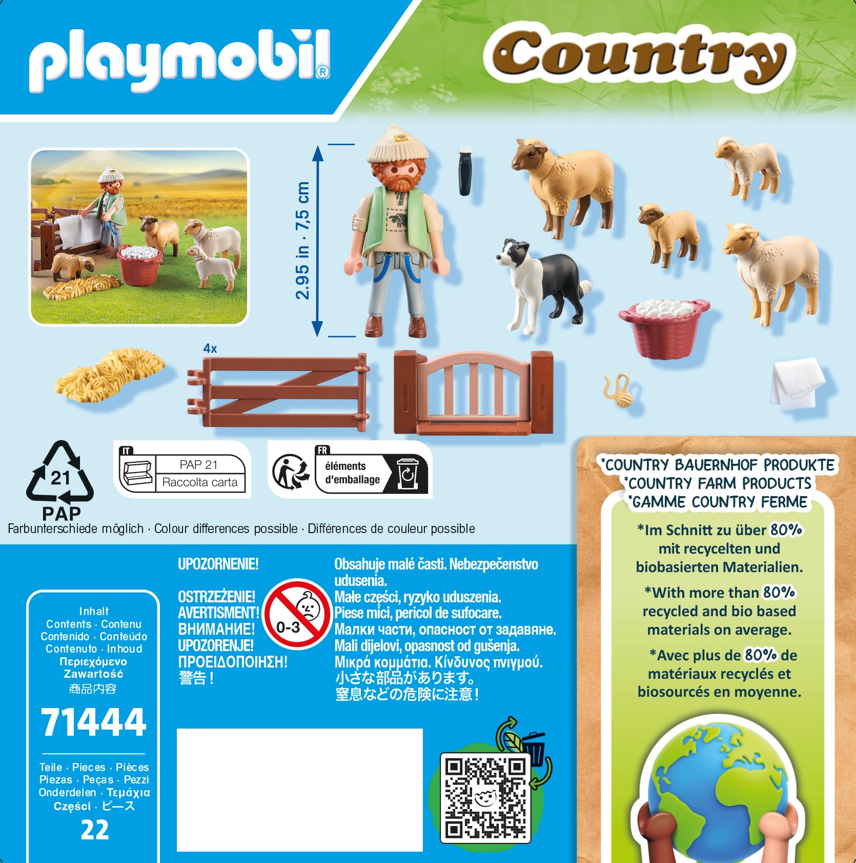 Playmobil 71444 Shepherd with Sheep - Country - with 5 Animals and 1 Character - Toy made with More than 80% recycled or bio-sourced materials on average. Suitable for ages 4 and up