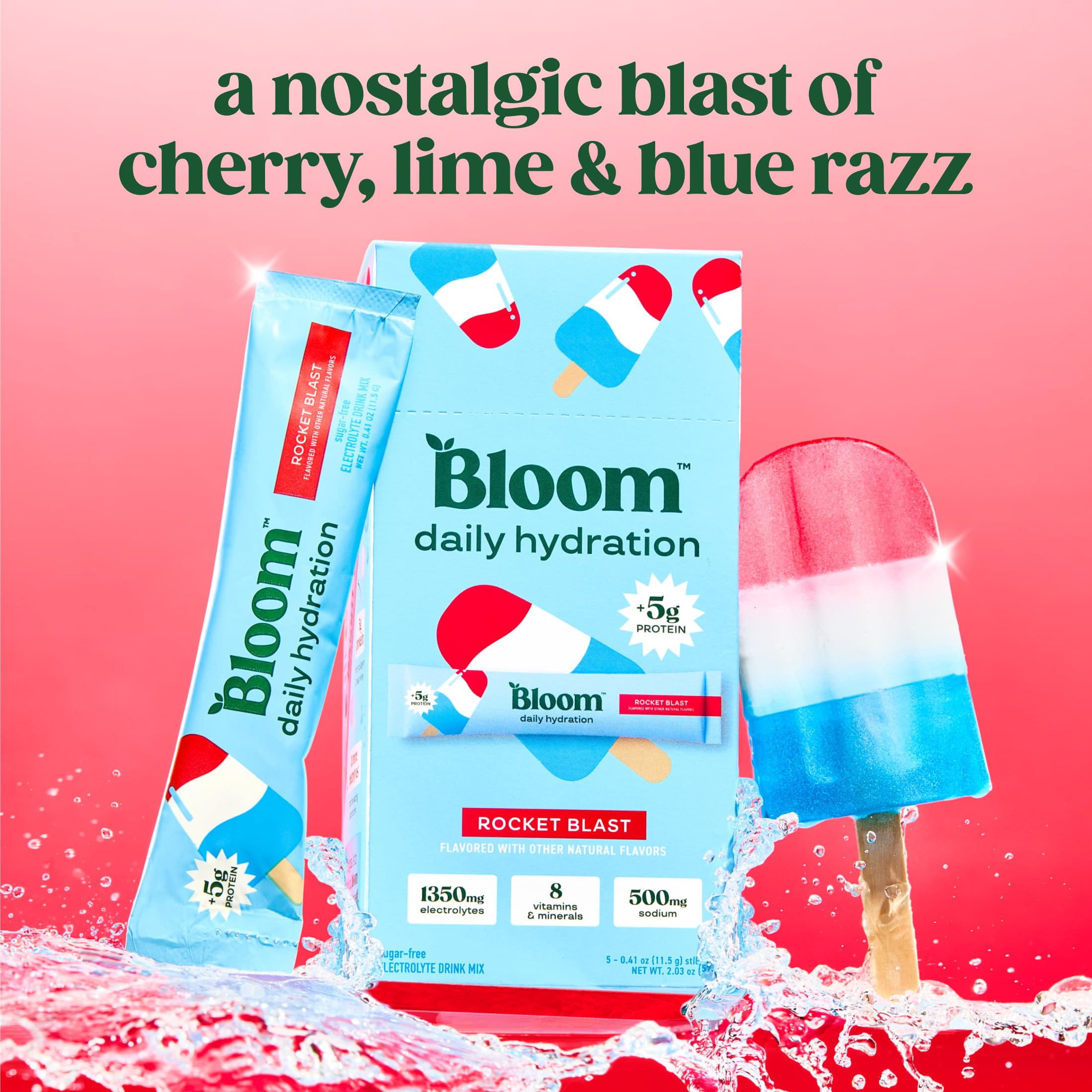Bloom Daily Hydration Electrolyte Powder Packets with Collagen, 5g Protein, Electrolytes, Vitamins & Minerals, Sugar Free Drink Mix, Rocket Blast, 5 Count