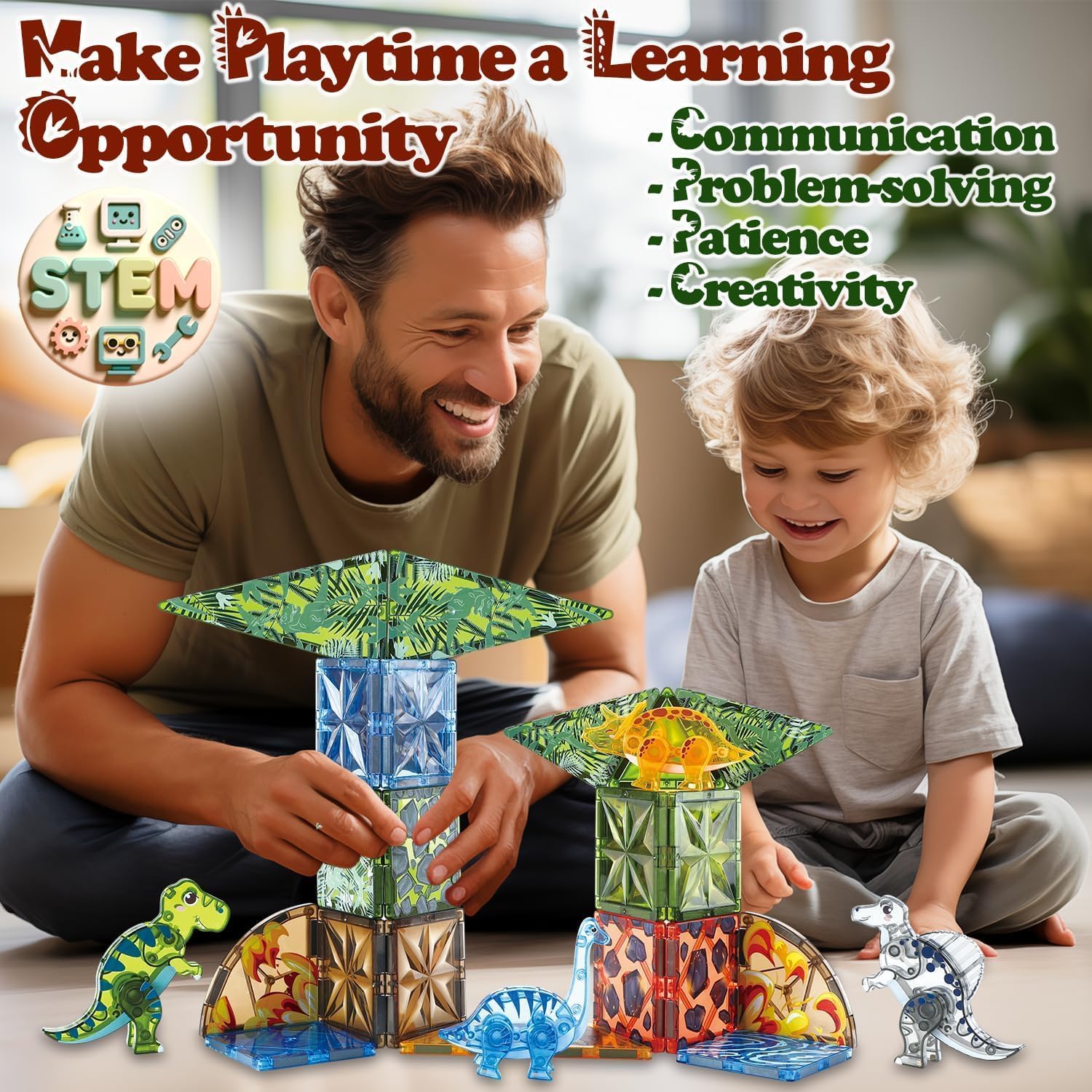 Magnetic Tiles Dinosaur Toys for Kids 3-7 Magnet Building Blocks Toddler Dino Toys - Educational STEM Toys 3 Year Old Boy Gift Learning Resources for Kids Ages 3 4 5 6 7 8 Gifts for 4 Year Old Boys