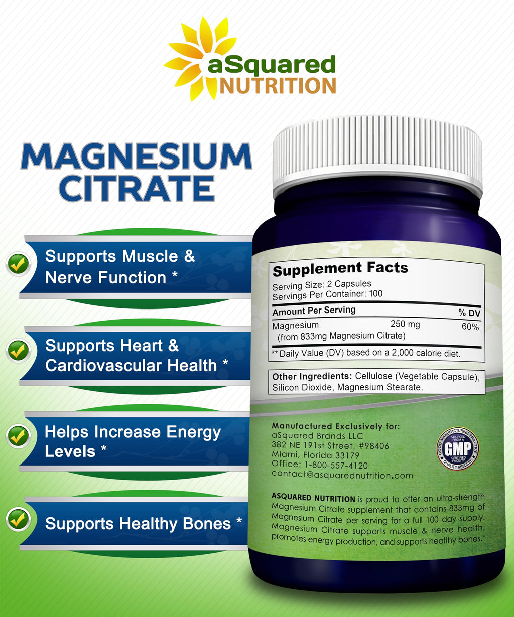 aSquared Nutrition Magnesium Citrate 833mg Supplement - 200 Capsules - Max Strength Vegan Mag Citrate Powder Pills to Support Pure Function of Muscles, Heart & Bones - Helps Increase Energy