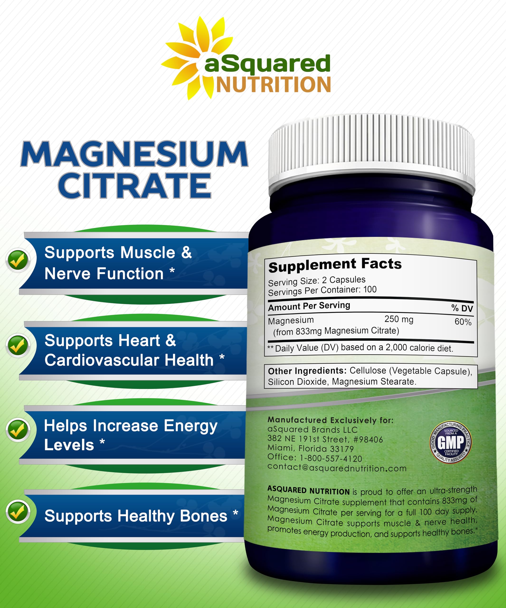 aSquared Nutrition Magnesium Citrate 833mg Supplement - 200 Capsules - Max Strength Vegan Mag Citrate Powder Pills to Support Pure Function of Muscles, Heart & Bones - Helps Increase Energy