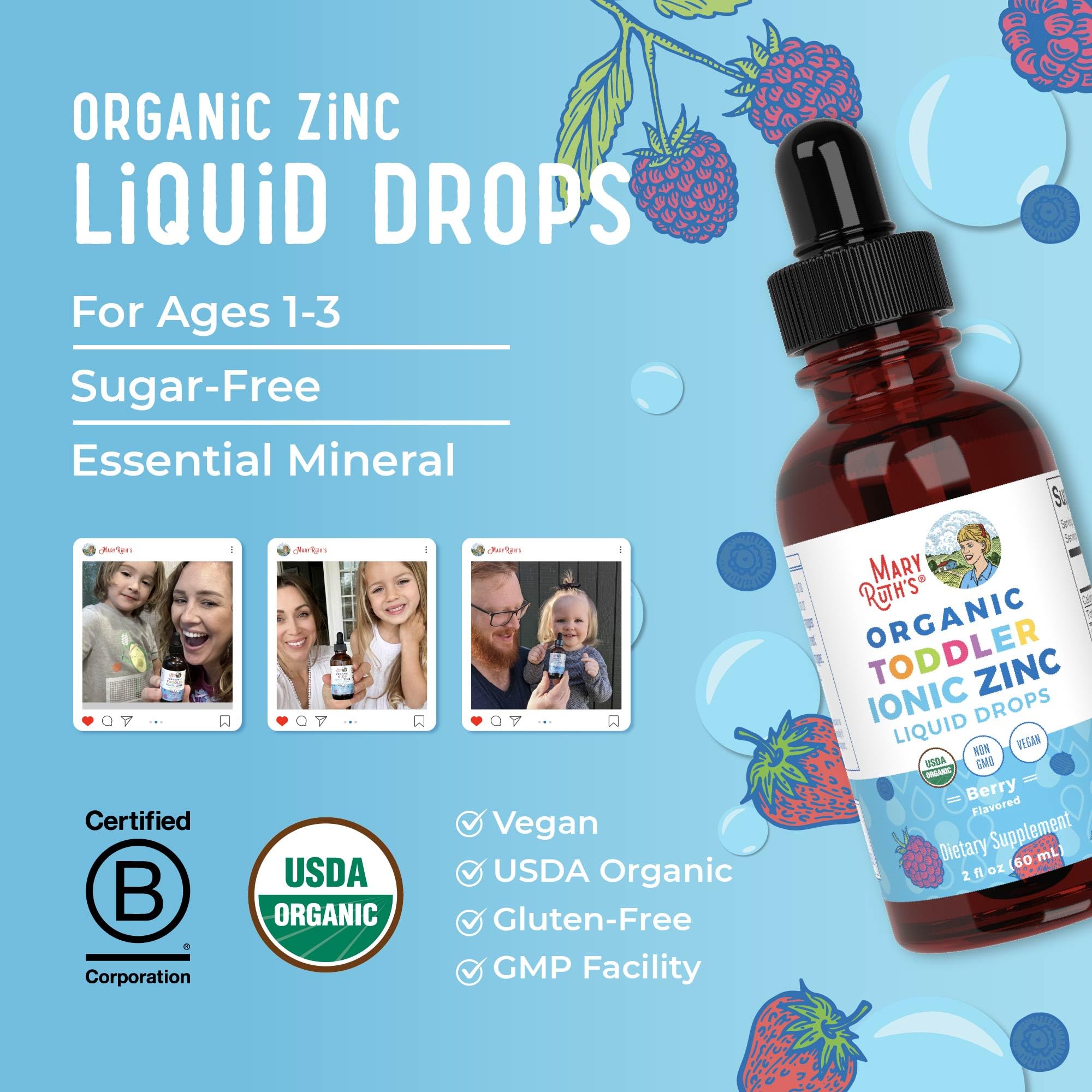 MaryRuth's Organic Toddler Zinc Liquid Drops, Berry Flavor, Vegan, 2 Fl Oz