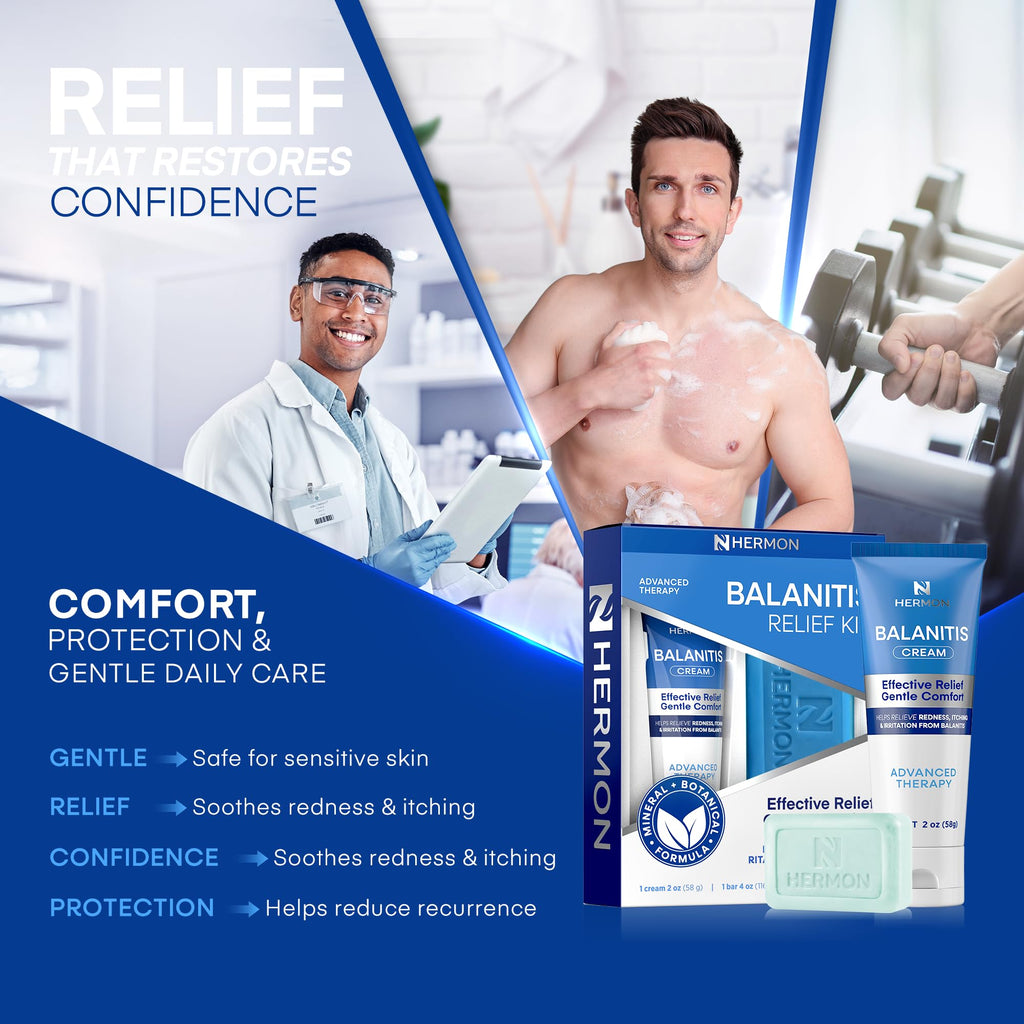 Hermon Balanitis Treatment for Men Relief Kit: Soothing Cream 2oz & Clotrimazole 1% Cleansing Soap 4oz – Helps Relieve Redness, Itching & Irritation – Gentle Care for Sensitive Areas