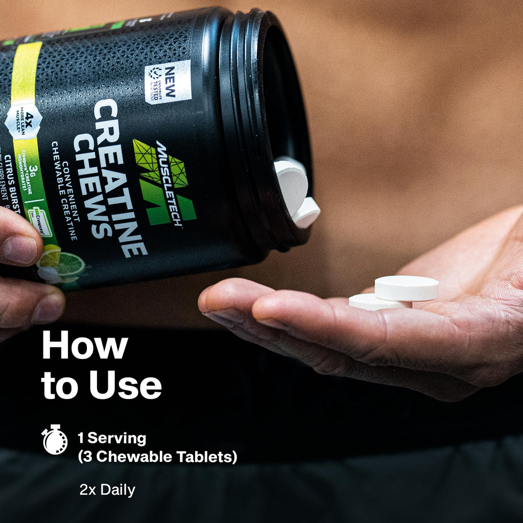 MuscleTech | Creatine Chews | Creapure Monohydrate Supplement for Muscle Recovery, Muscle Builder & Energy Boost | Pre Workout Supplement for Men & Women | Citrus Birst | 90 chewable Tablets