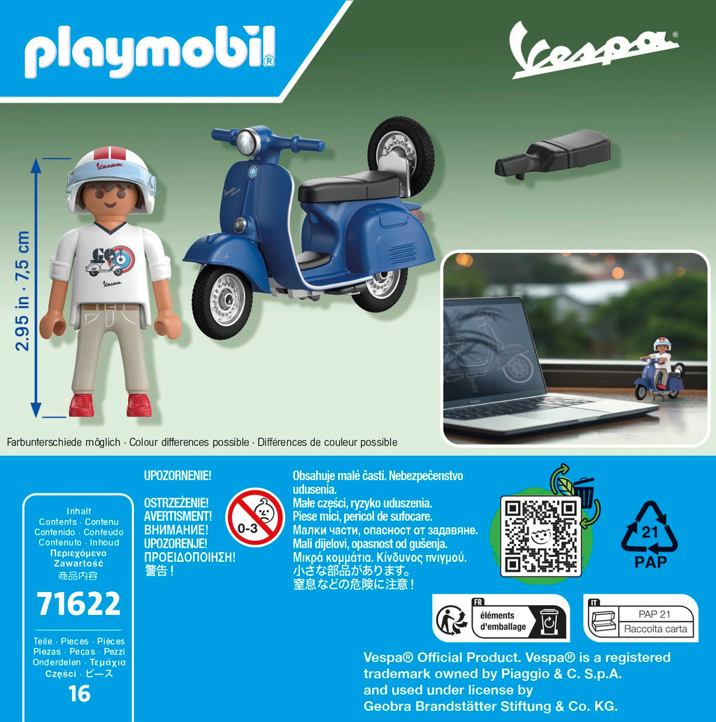 PLAYMOBIL Cars 71622 1969 Vespa 150 Sprint Veloce, Blue, Faithful Model for Collectors and Fans, Includes Versatile Accessories and Detachable Spare Wheel