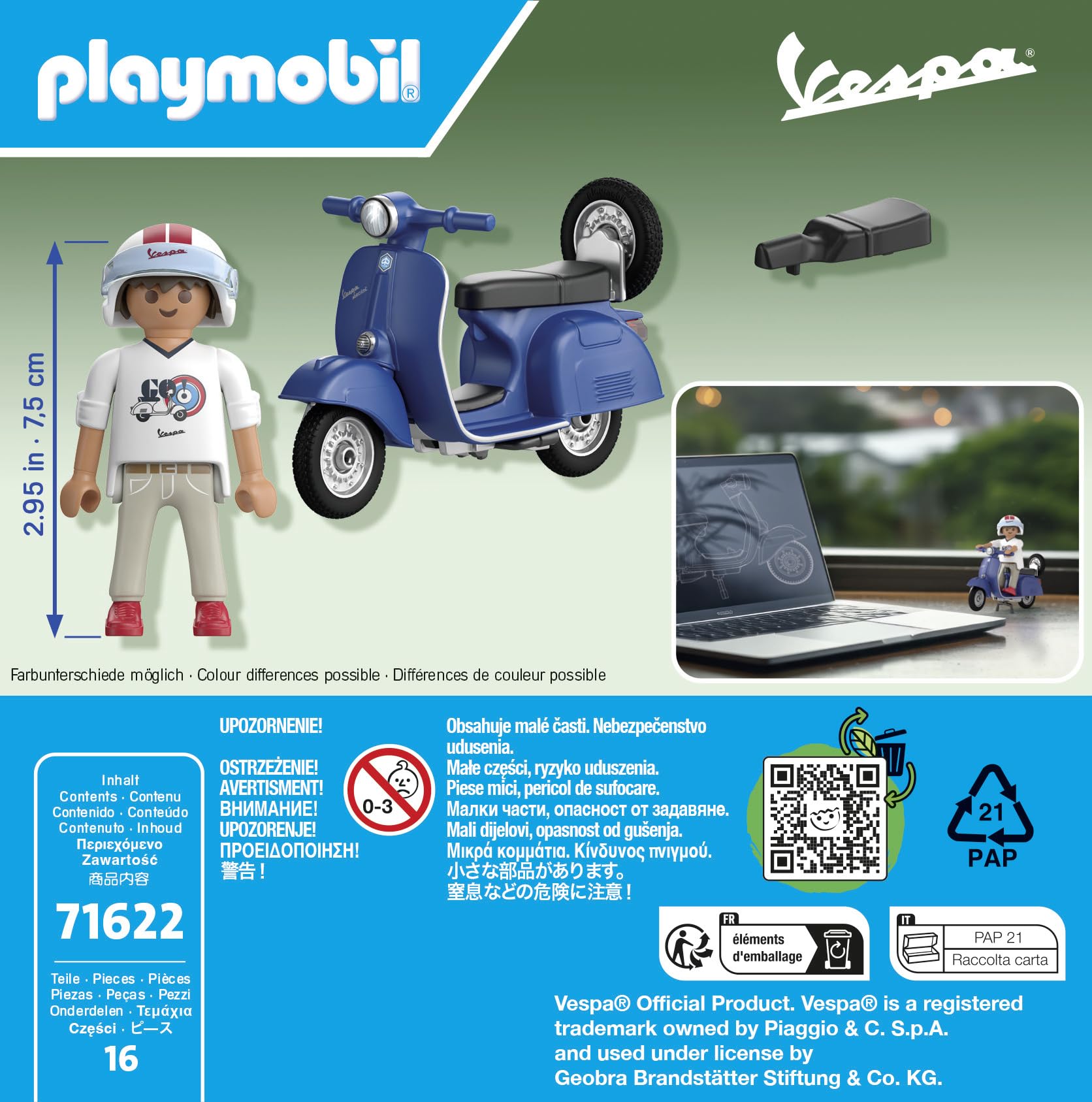 PLAYMOBIL Cars 71622 1969 Vespa 150 Sprint Veloce, Blue, Faithful Model for Collectors and Fans, Includes Versatile Accessories and Detachable Spare Wheel
