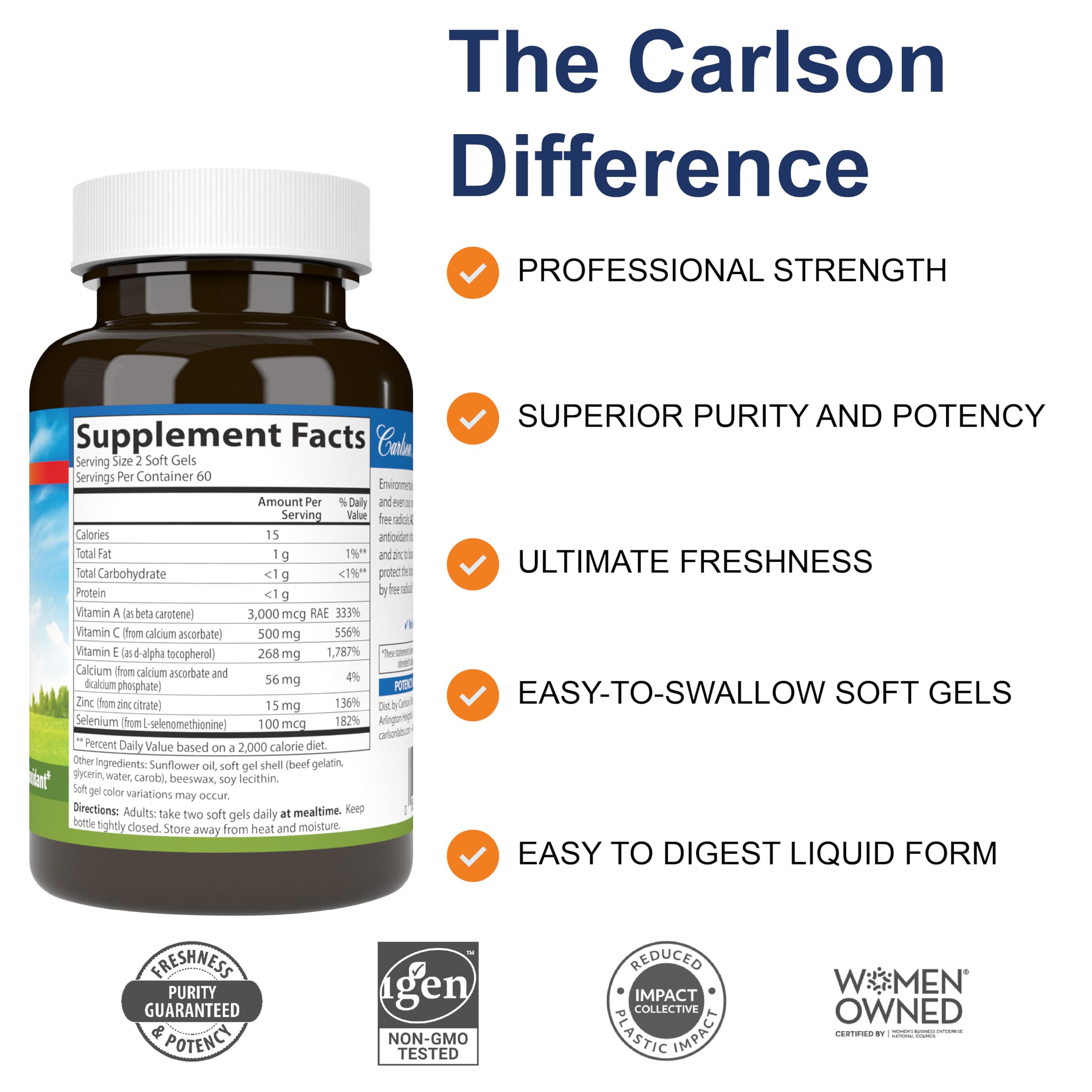 Carlson ACES + Zn, Multivitamin with Zinc, Cellular Health, 120 Softgels