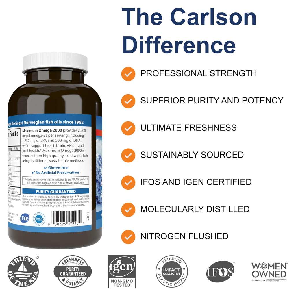 Carlson - Maximum Omega 2000, 2000 mg Omega-3 Fatty Acids Including EPA and DHA, Wild-Caught, Norwegian Fish Oil Supplement, Sustainably Sourced Fish Oil Capsules, Lemon, 180 Softgels