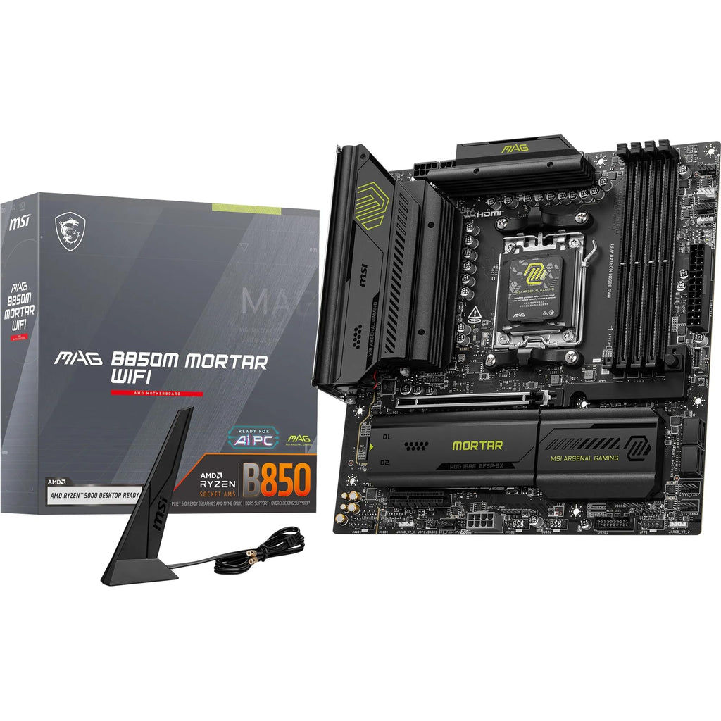 MSI MAG B850M Mortar WiFi Motherboard, mATX - Supports AMD Ryzen 9000/8000 / 7000 Processors, AM5-60A SPS VRM, DDR5 Memory Boost 8200+ MT/s (OC), PCIe 5.0 x16, M.2 Gen5, Wi-Fi 7, 5G LAN