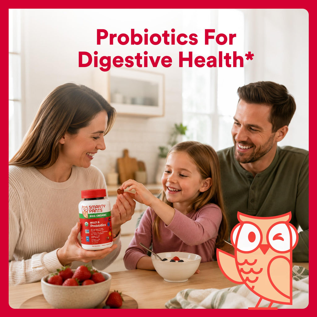 SmartyPants Organic Kids Multivitamin Gummies: Probiotics, Omega 3 (ALA), Vitamin D3, C, Vitamin B12, B6, A, K & Zinc for Immune Support, Biotin, Three Fruit Flavors, 120 Count (30 Day Supply)