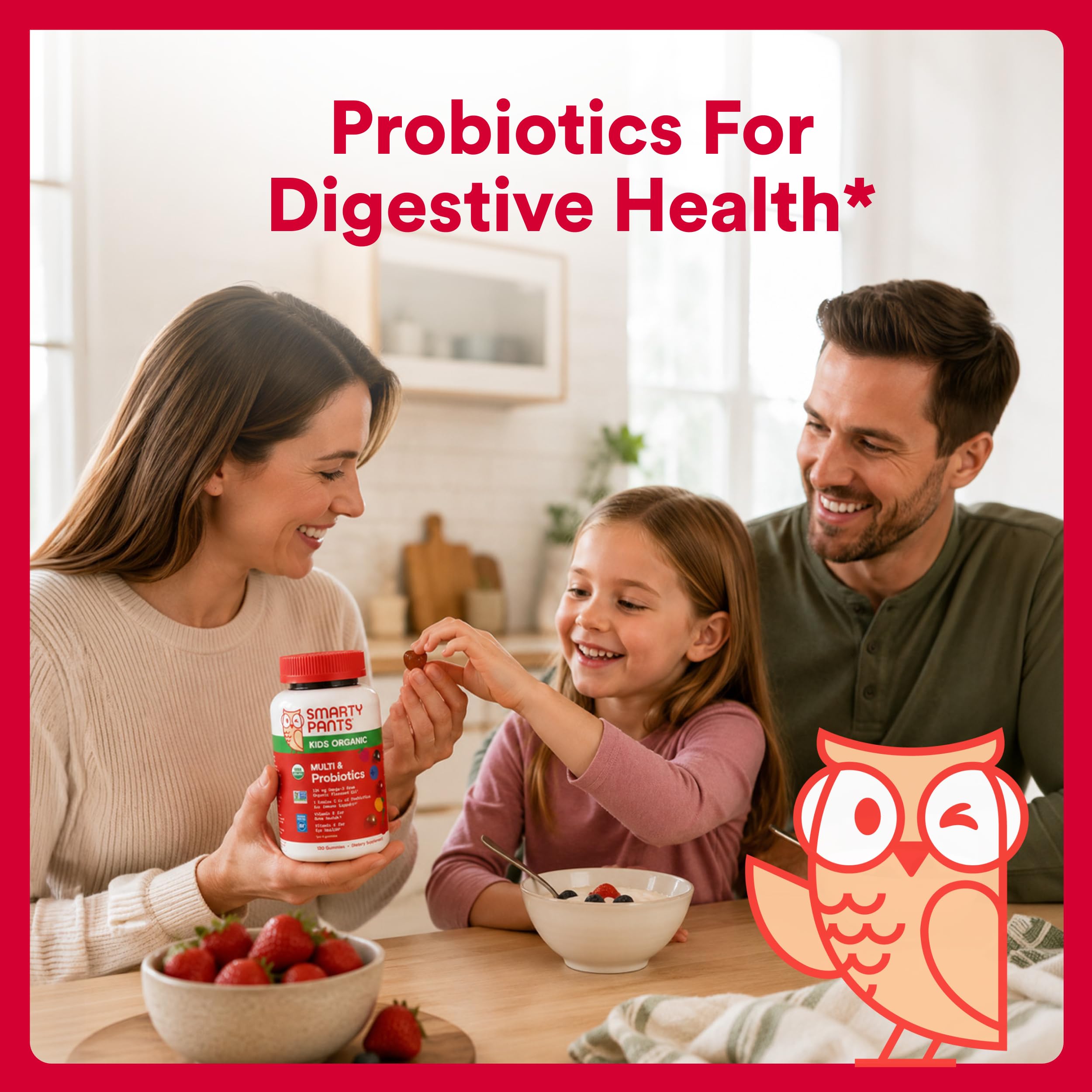 SmartyPants Organic Kids Multivitamin Gummies: Probiotics, Omega 3 (ALA), Vitamin D3, C, Vitamin B12, B6, A, K & Zinc for Immune Support, Biotin, Three Fruit Flavors, 120 Count (30 Day Supply)