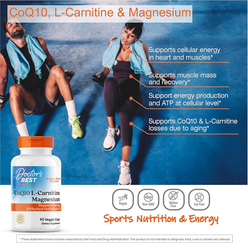 Doctor's Best CoQ10 L-Carnitine Magnesium Supplement - Energy & Exercise Support for Men & Women, Naturally Fermented Coenzyme Q10, Gluten Free, Soy Free, Vegan Formula - 90 Veg Caps