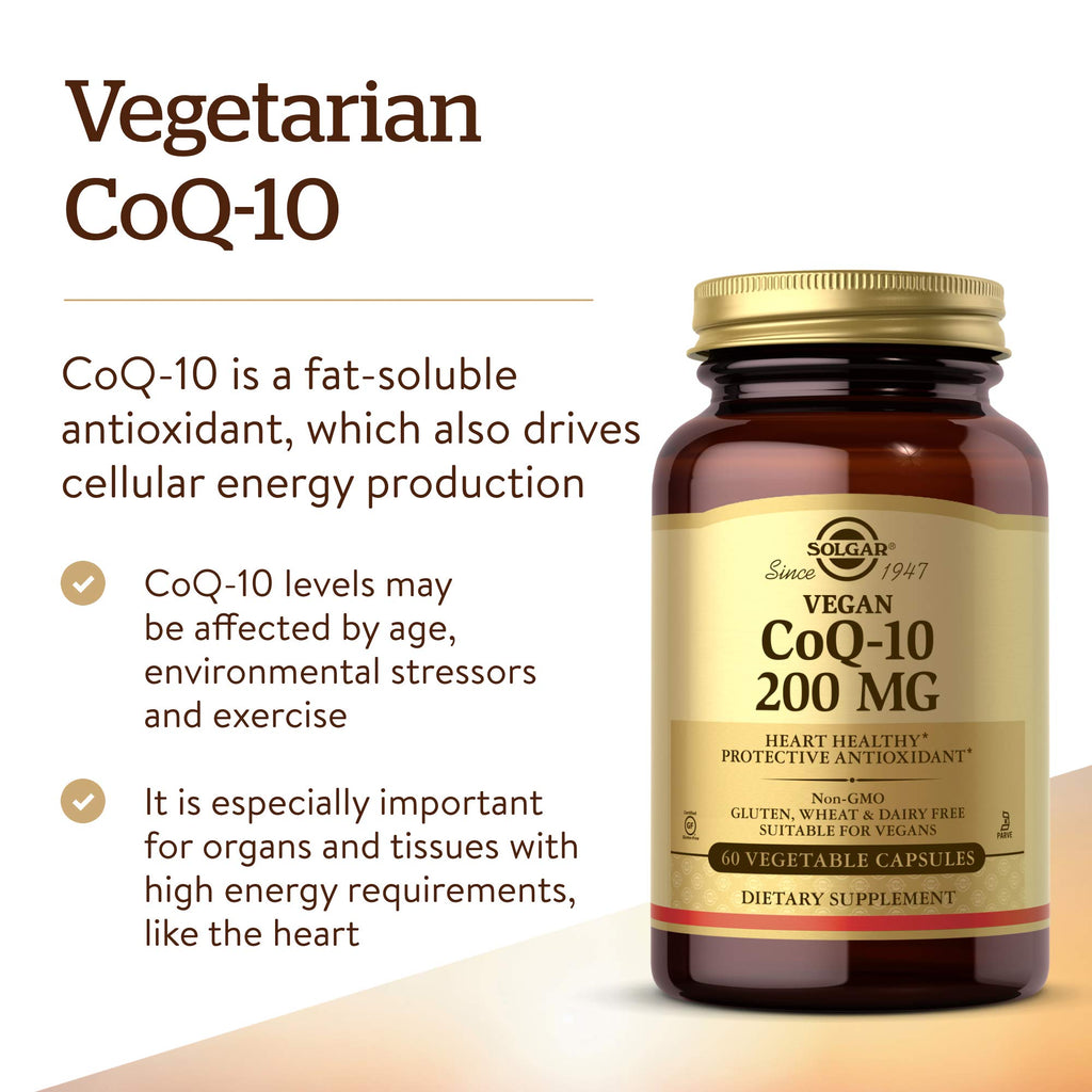 Solgar Vegetarian CoQ-10 200 mg, 60 Vegetable Capsules - Heart Healthy, Protective Antioxidant - Coenzyme Q10 (CoQ-10) Supplement - Vegan, Gluten Free, Dairy Free, Kosher - 60 Servings