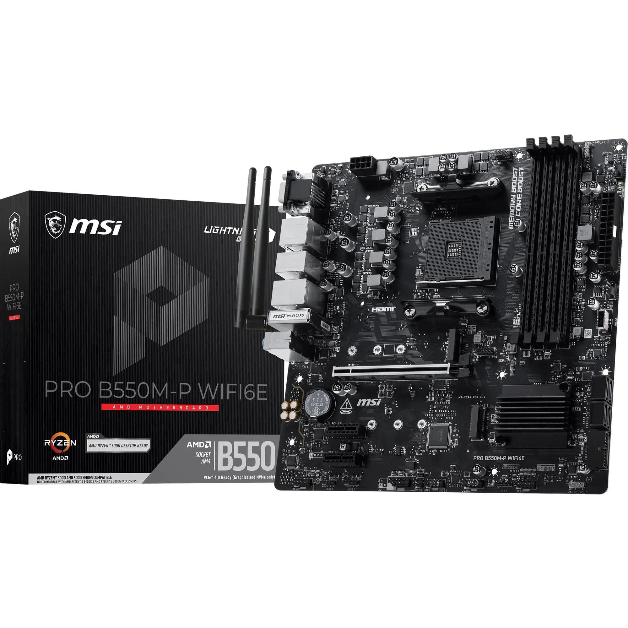 MSI PRO B550M-P WIFI6E ProSeries Motherboard (AMD Ryzen 5000 Series, AM4, DDR4, PCIe 4.0, SATA 6Gb/s, M.2, USB 3.2 Gen 2, HDMI/DP, Wi-Fi 6E, Bluetooth 5.2, mATX)