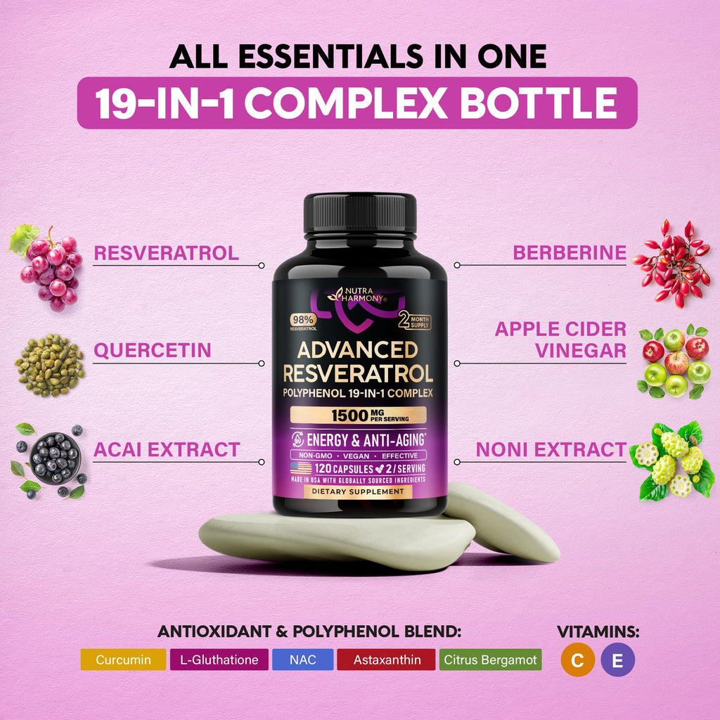Resveratrol Supplement - 19-in-1 Organic Polyphenol Complex - Noni Extract | Berberine | Quercetin | Apple Cider Vinegar | Acai - for Women & Men - Antioxidant & Heart Health Support - 120 Capsules
