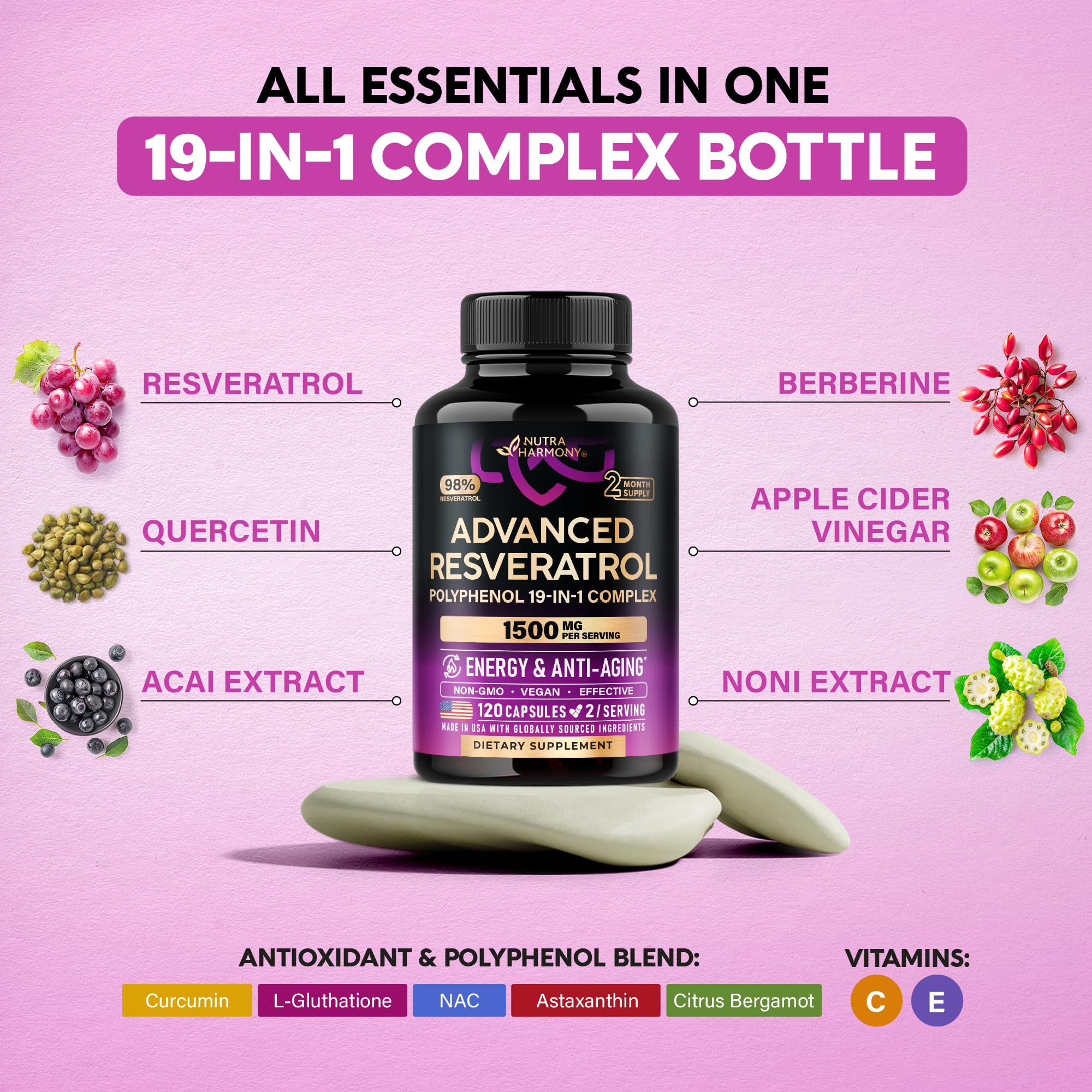 Resveratrol Supplement - 19-in-1 Organic Polyphenol Complex - Noni Extract | Berberine | Quercetin | Apple Cider Vinegar | Acai - for Women & Men - Antioxidant & Heart Health Support - 120 Capsules