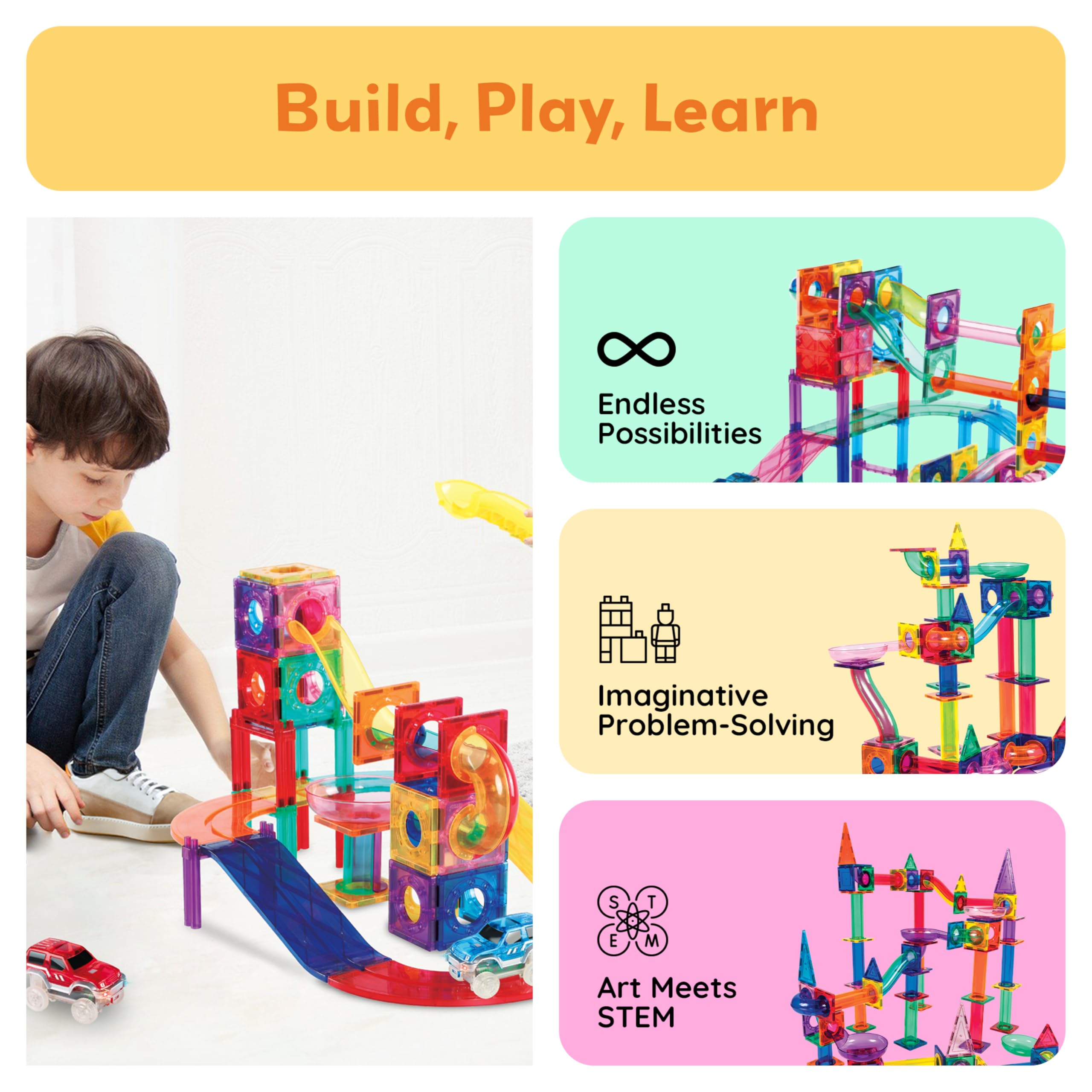 PicassoTiles 108 Piece Marble Run Race Track Set with LED Cars STEM Ages 3+