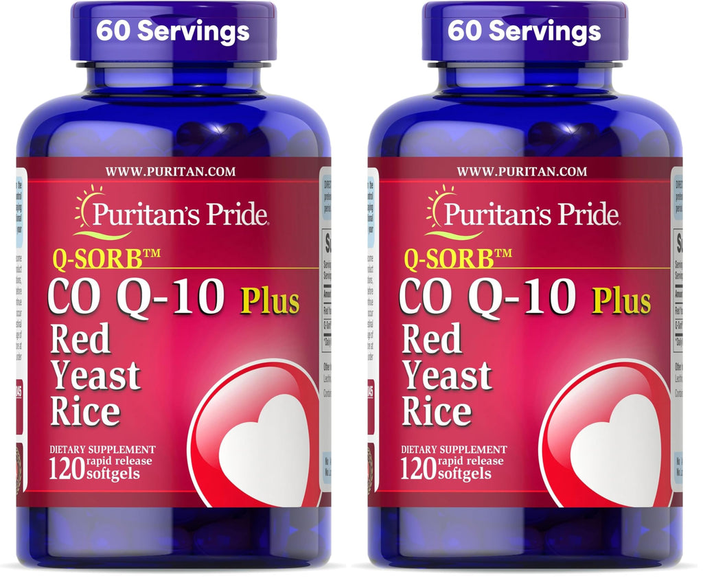 Puritan's Pride Q-Sorb™ Coenzyme CoQ10 Dietary Supplement for Heart Health, Oral Gum Health & Healthy Aging Support, Plus Red Yeast Rice for Improved Digestion, 120 Rapid Release Softgels,(Pack of 2)