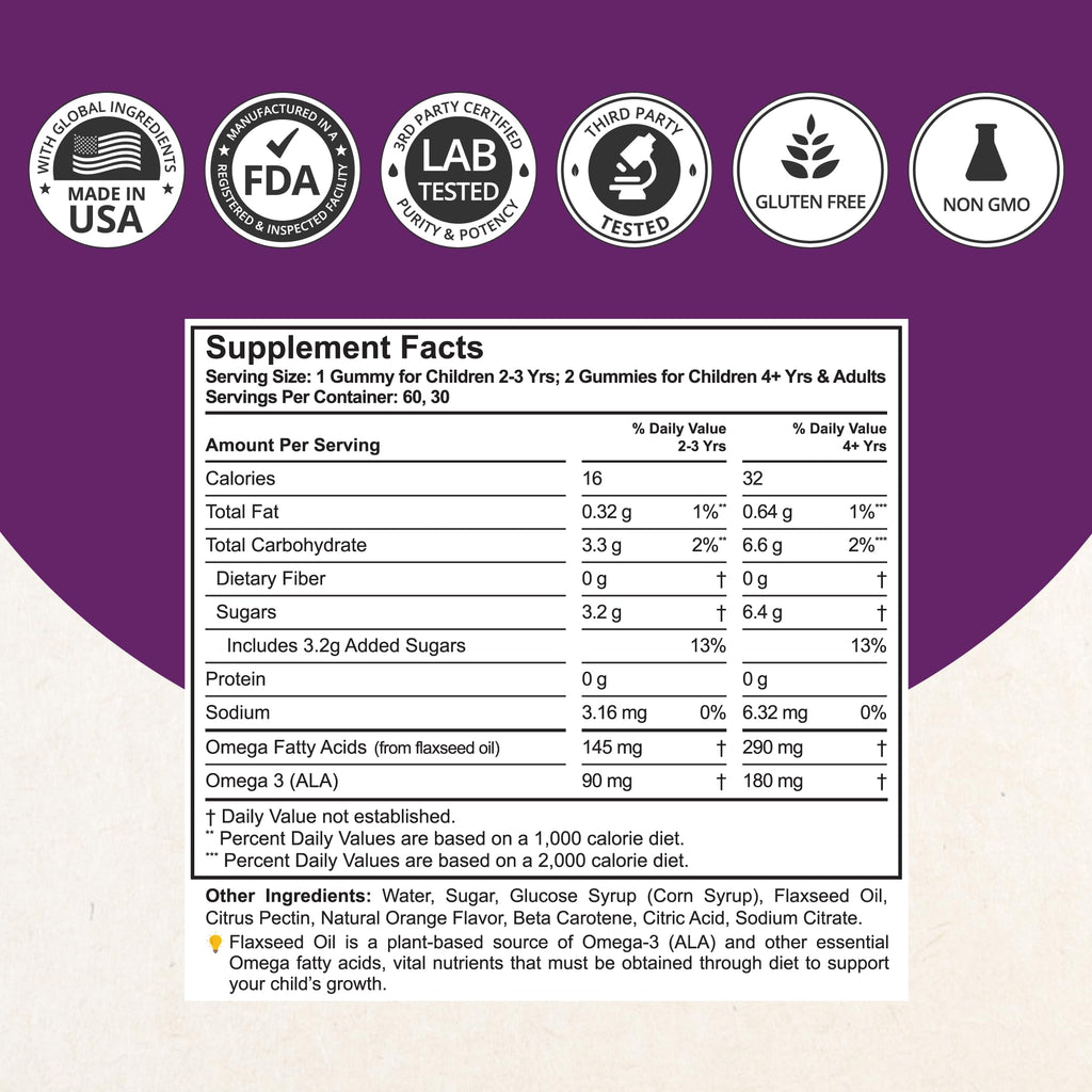 NuBest Omega 3 Gummies for Kids & Teens with Flaxseed Oil | Supports Brain Growth, Mental Clarity, Focus, and Eye Health | No Added Sugar | Orange Flavor | 60 Premium Vegan Gummies | 1 Month Supply