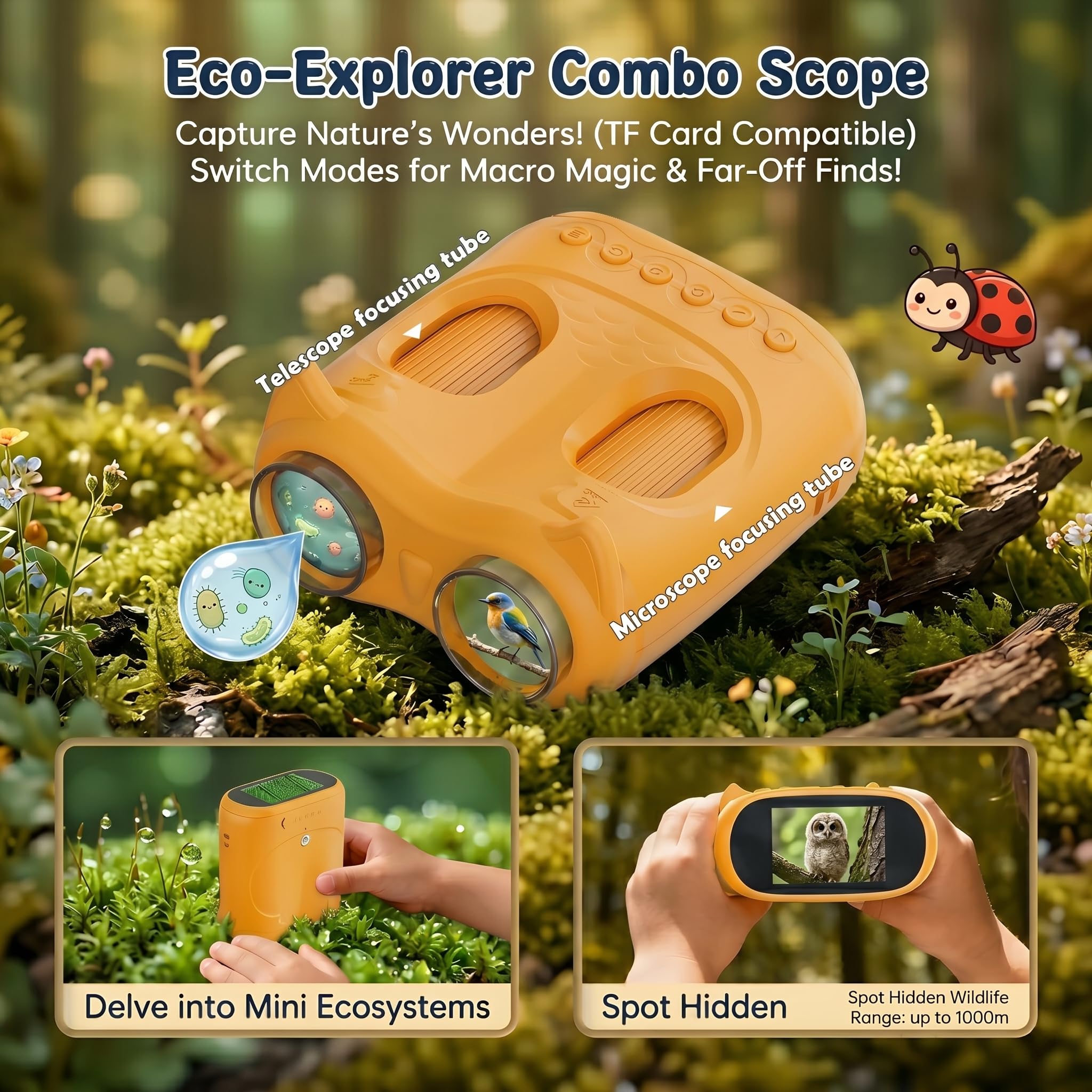 OAEBLLE 2-in-1 Kids Microscope and Telescope, 1000X Handheld Digital Microscope for Kids, 2.0" Screen, 8 LEDs, 10X Pocket Telescope for Outdoor, 1080P Camera STEM Toys Gift for Boys Girls 4-12, Yellow
