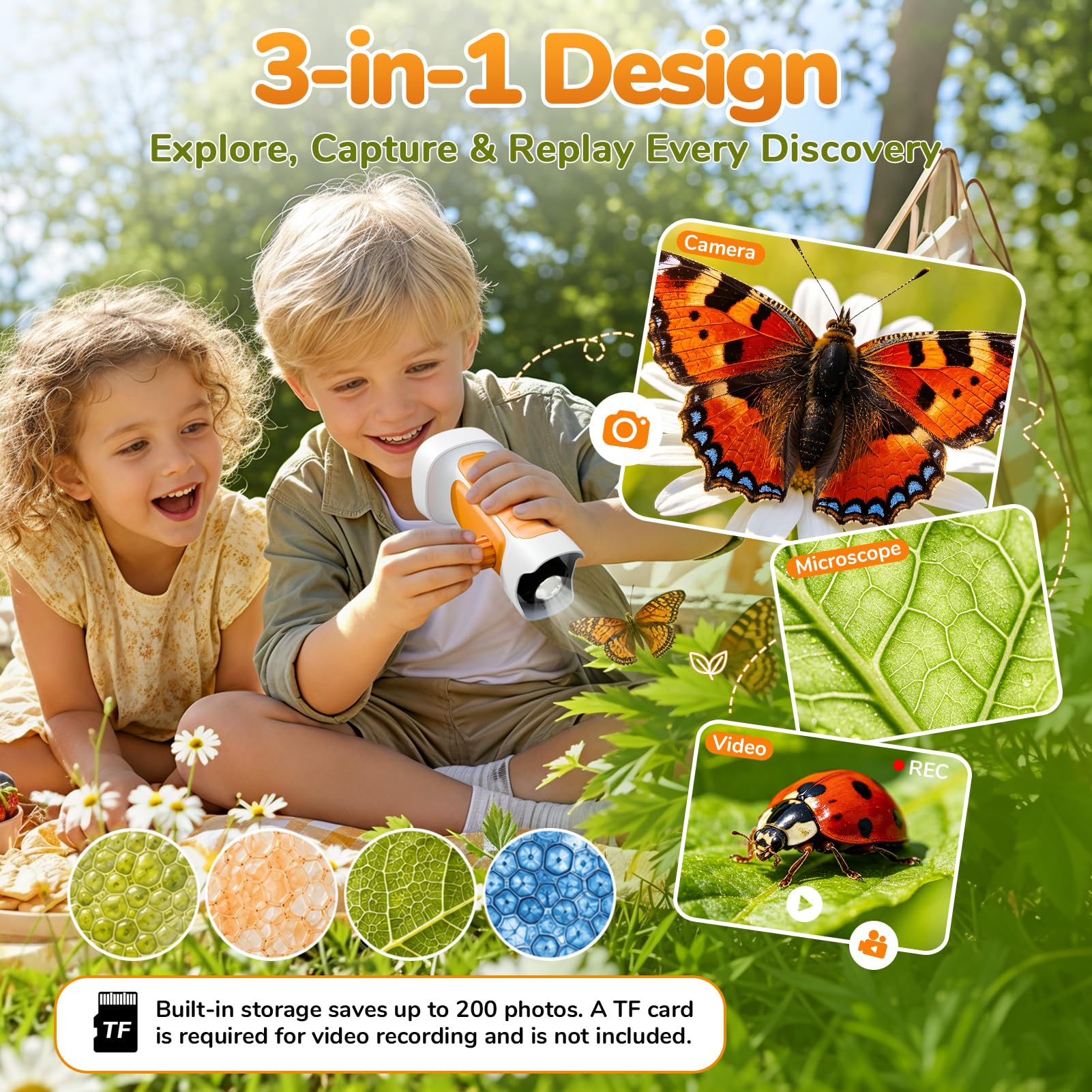 1000X Handheld Digital Microscope for Kids with 2.4" IPS Screen (Orange)