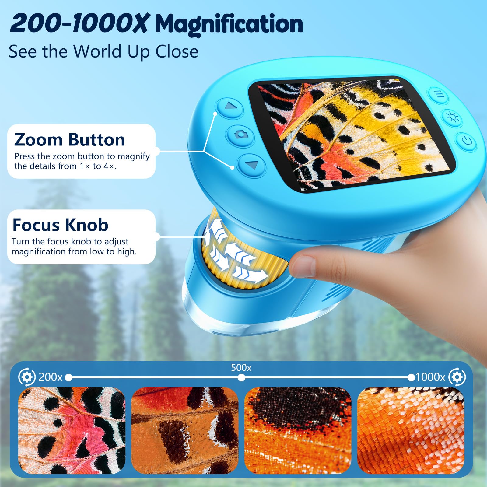 Odatay 4K 1000X Digital Microscope for Kids with 32G Card, Long Distance Viewing & 2.4" Screen Portable Handheld Edu Toys for Age 3-12 Exploring Bugs Plants at Home Classroom & Outdoor Travel, Blue