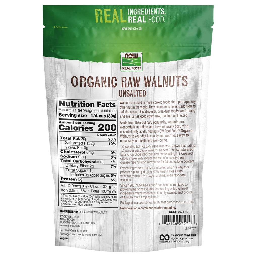 NOW Foods, Certified Organic Walnuts, Raw and Unsalted, Halves and Pieces, Good Source of Protein and Healthy Fatty Acids, Certified Non-GMO, 12-Ounce (Packaging May Vary)