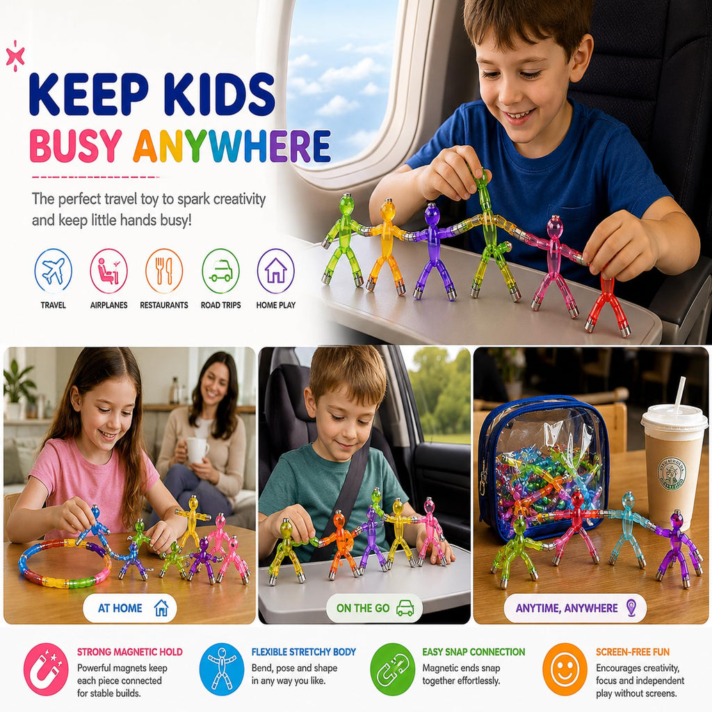 Travel Toys for Kids Ages 3-8, 10 PCS Magnetic Men Figures, Airplane Toy, Road Trip Activities, Sensory Fidget Toys, STEM Building Set, Quiet Screen-Free Toy for Car, Restaurant & Classroom
