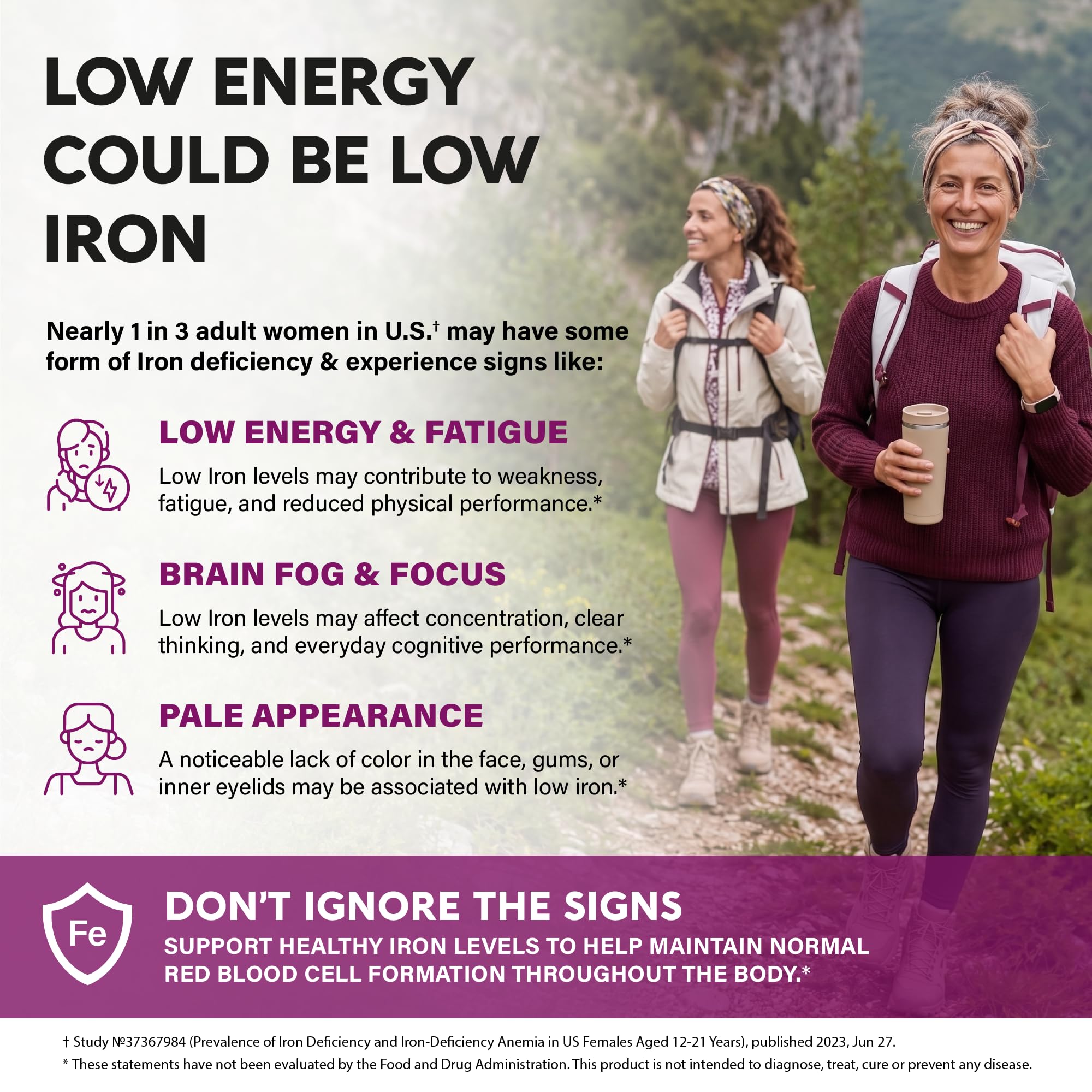 Iron Supplement for Women - Iron 65mg (Ferrous Sulfate 325mg) - Stomach Friendly | Slow Release | High Absorption - Vitamins C, D3, B6, B12 & Folate - Energy Support - 60 Capsules, 2 Month Supply