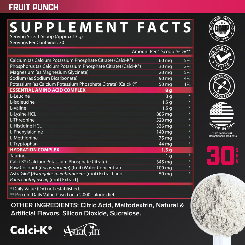 Nutrex Research EAA Hydration | EAAs + BCAA Powder | Muscle Recovery, Strength, Muscle Building, Endurance | 8G Essential Amino Acids + Electrolytes | 30 Servings (Fruit Punch)